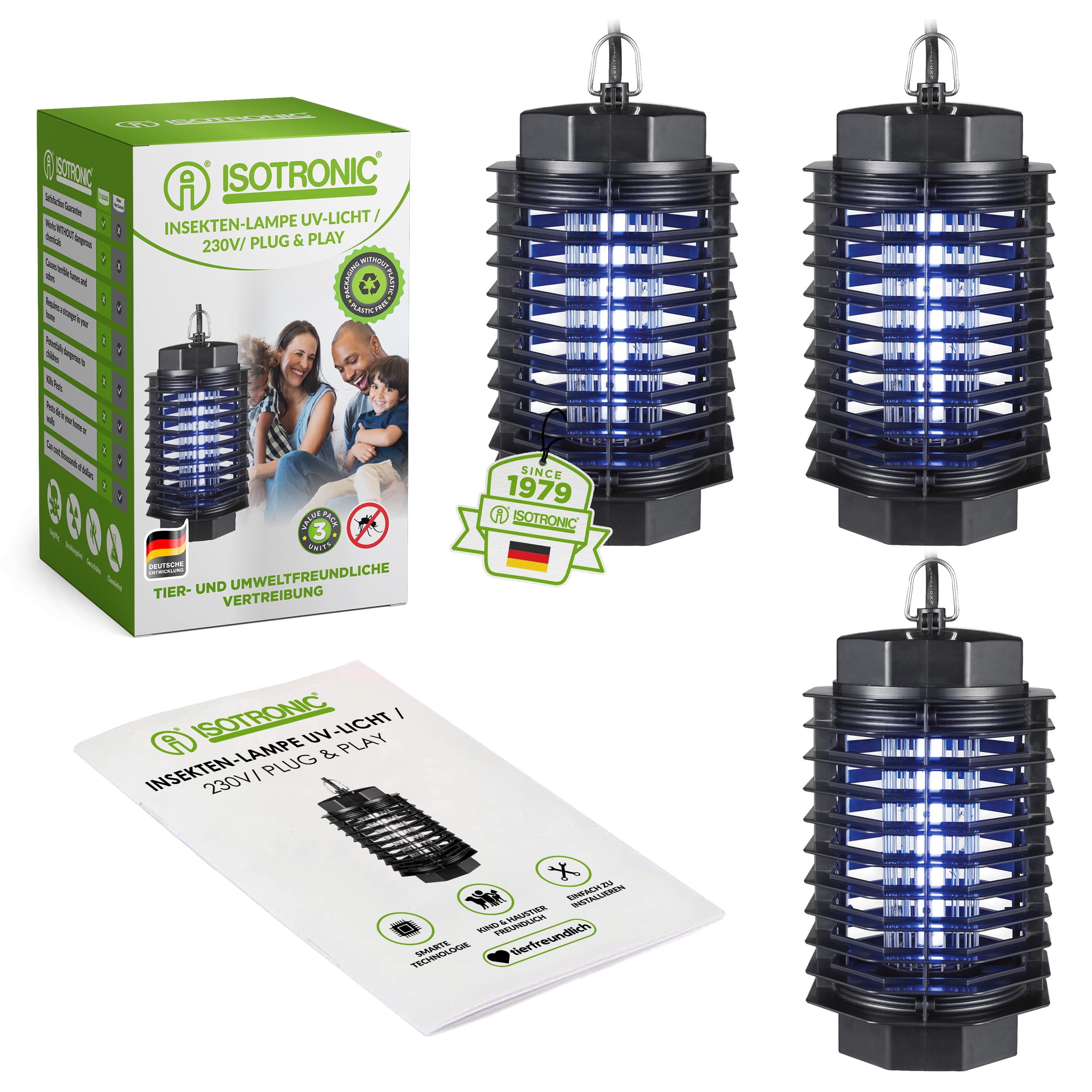 ISOTRONIC Elektrischer Insektenvernichter schützt vor Mücken, Fliegen & Motten– UV Mückenlampe mit 500V für Innen – Wirkungsbereich von 50m² (3 Stück)