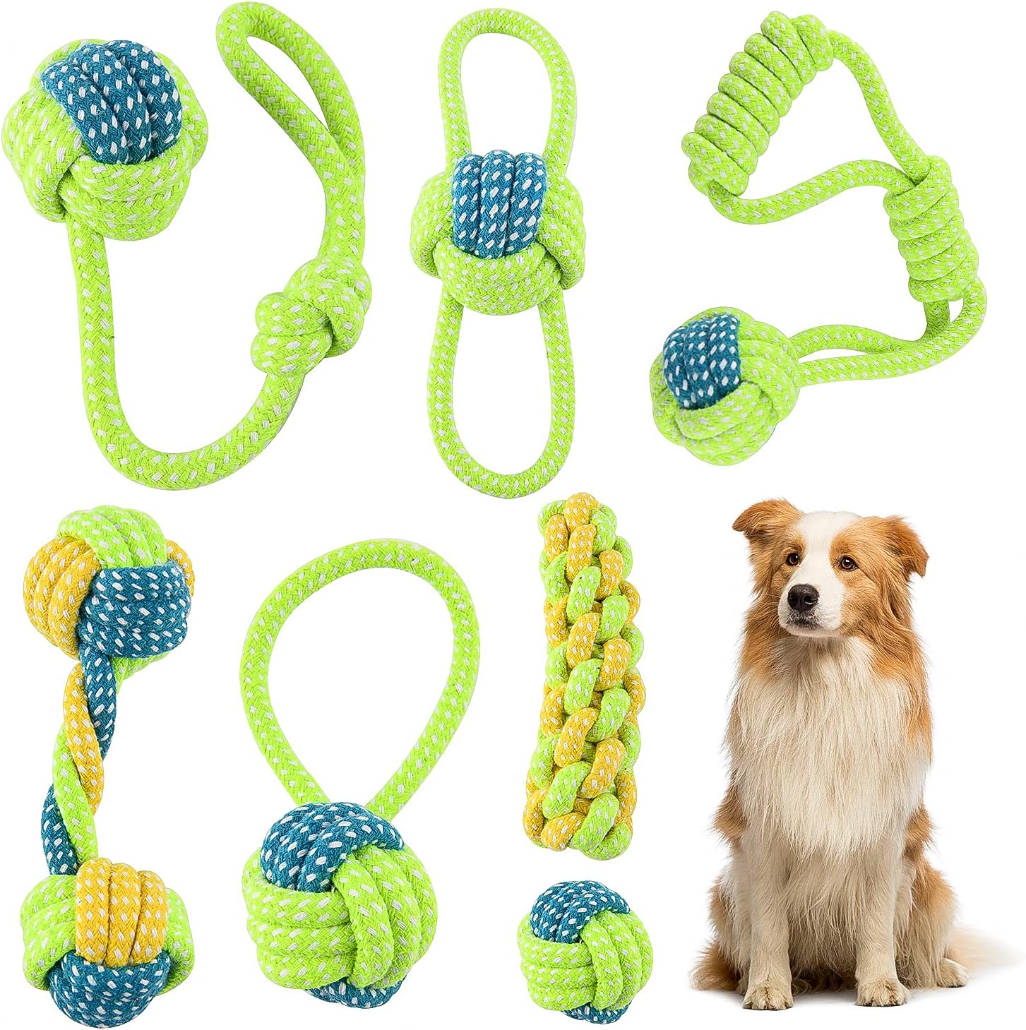 Dog Rope Toys Set - Puppy Chew Teething Rope Toys Set of 7 Durable Dog Toys for Tug of War, Fetch, Teething - Dog Accessories (Yellow)