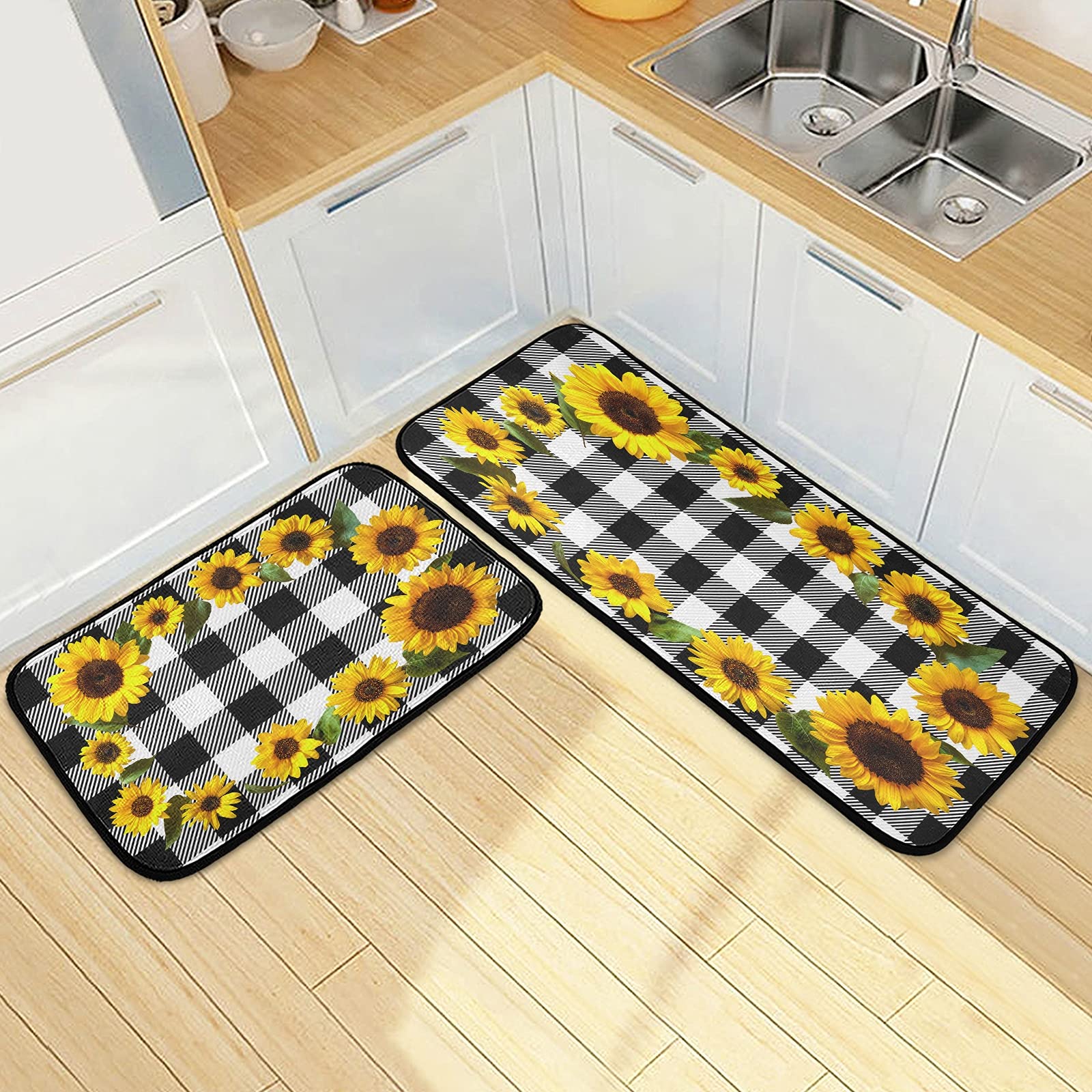 Sunflower Kitchen Rugs 2 Pieces Black White Buffalo Plaid Kitchen Mat Set Anti Fatigue Sunflower Kitchen Decor Non Slip Carpet Runner 20"x28"+20"x47"