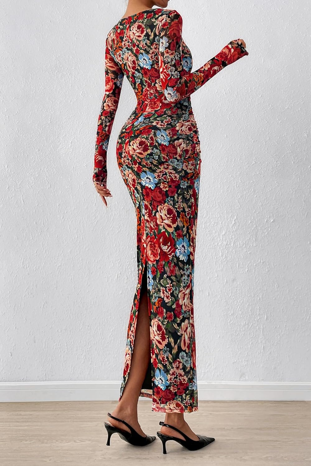 PRETTYGARDEN Women's Long Sleeve Bodycon Dresses 2026 Spring Sexy Floral Mesh Slit Ruched Tight Maxi Wedding Guest Dress - Image 5