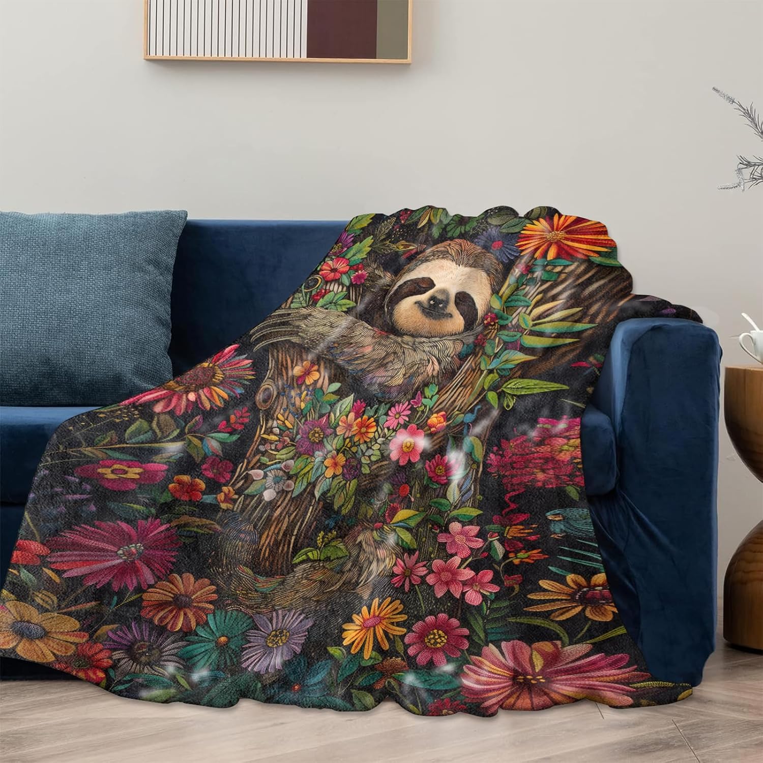 Floral Sloth Blanket, Sloth Theme Flannel Blanket Gifts for Women, Soft Warm Lightweight Sloth Blankets for Living Room Home Sofa Travel Decor 50" x 60" - Image 2
