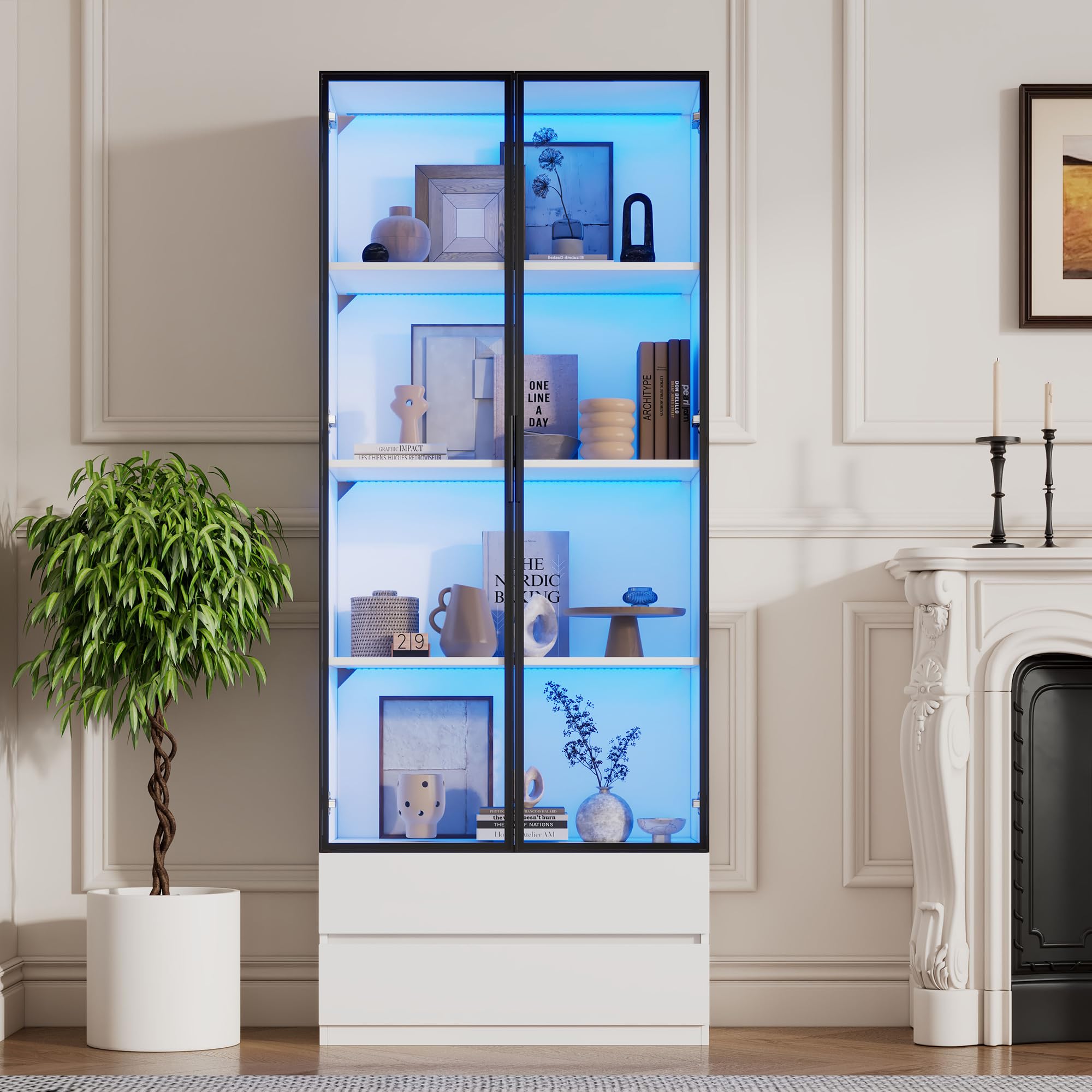LAKFEW Vitrina con LED y Almacenaje, Vitrina Cristal con 2 Cajones y 2 Puertas de Cristal, Vitrina Expositora Mueble Salon para Despacho, Vitrinas para Salon, 80x34x200 cm, Blanco