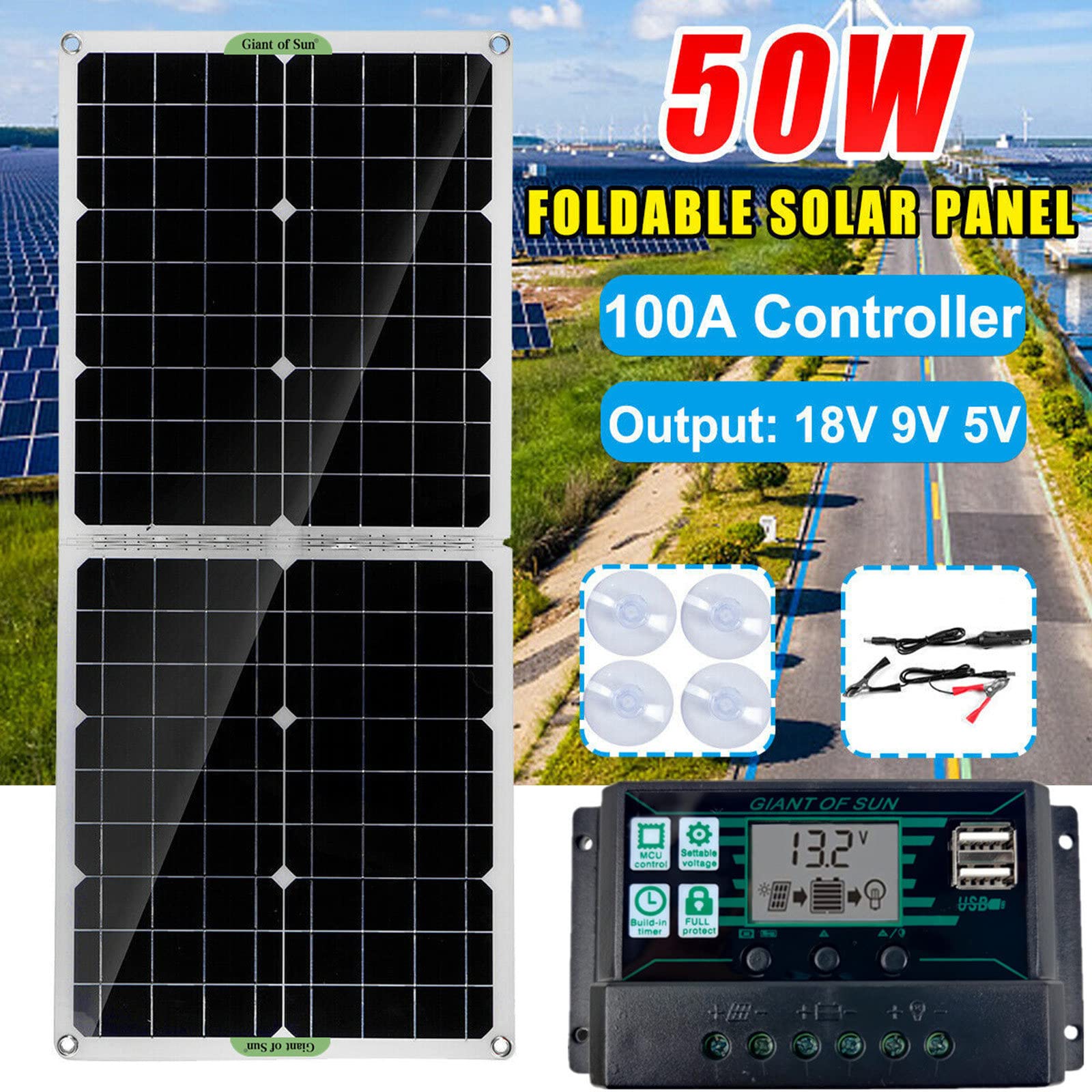 Panneau Solaire Pliable Monocristallin 50W avec Contrôleur 100A, pour Voiture, Camping-Cars, Bateau, Toit, Panneau Photovoltaïque de Voyage de Camping Portable