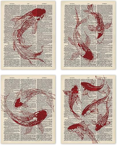 TLESKE Juego de 4 pósteres de peces Koi rojos japoneses vintage de moda sin marco de 8 x 10 pulgadas, impresiones artísticas retro preppy para