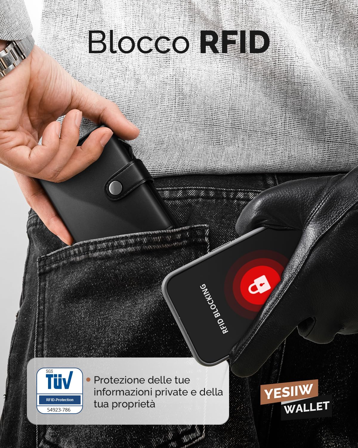 YESIIW Porta Carte Uomo Portafoglio RFID Bloccante Pelle Minimalista Smart Pop Up Portafoglio Tasca per Monete Magnetica, Porta Carte di Credito Trifold, Chiusura Bottone, Contiene 2 Finestre per ID