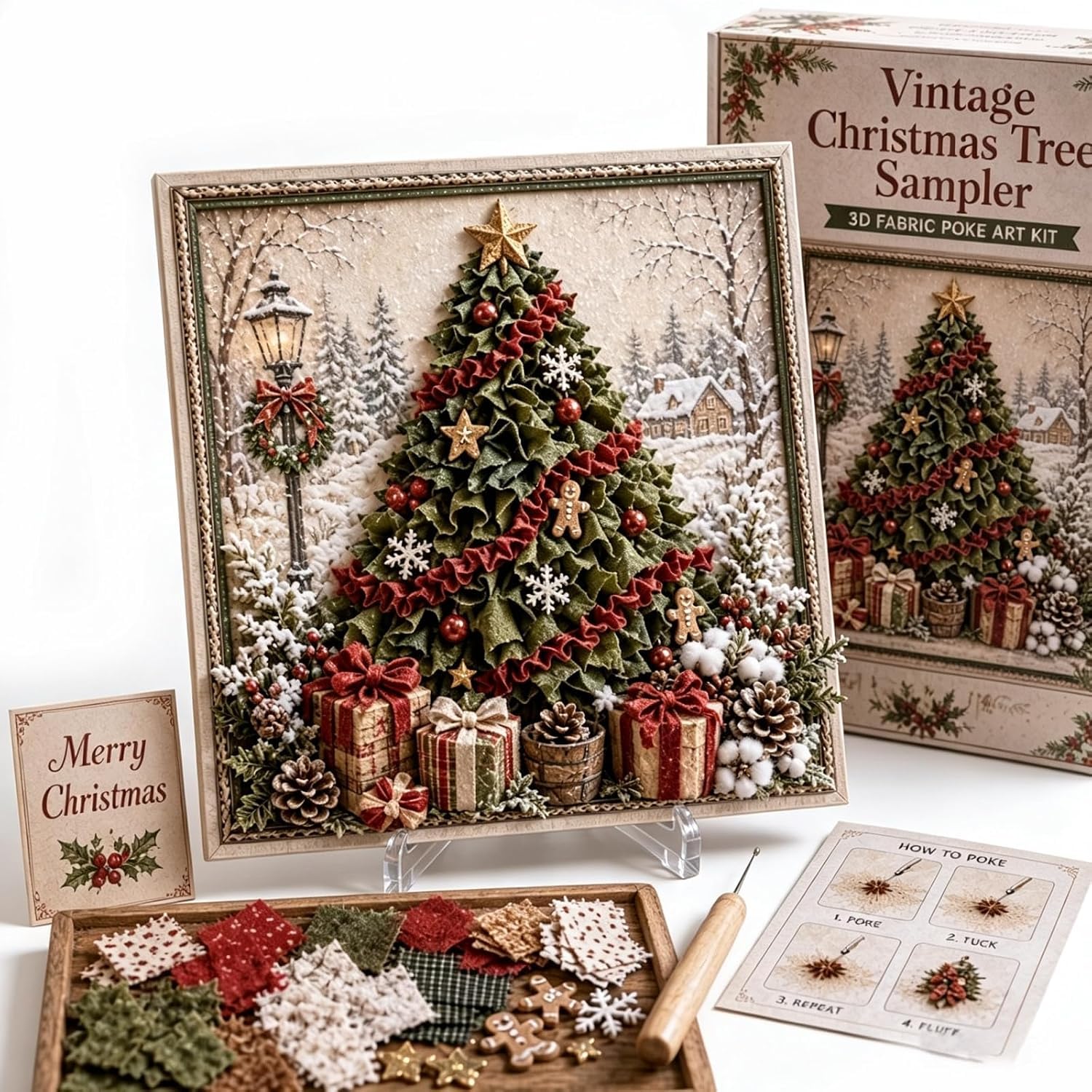3D Christmas Fabric Poke Art Kit, DIY Embroidery Handmade Fabric Poke Art Kit, Vintage Holiday Handmade Decoration,Christmas Craft Kit for Adults & Beginner，#A