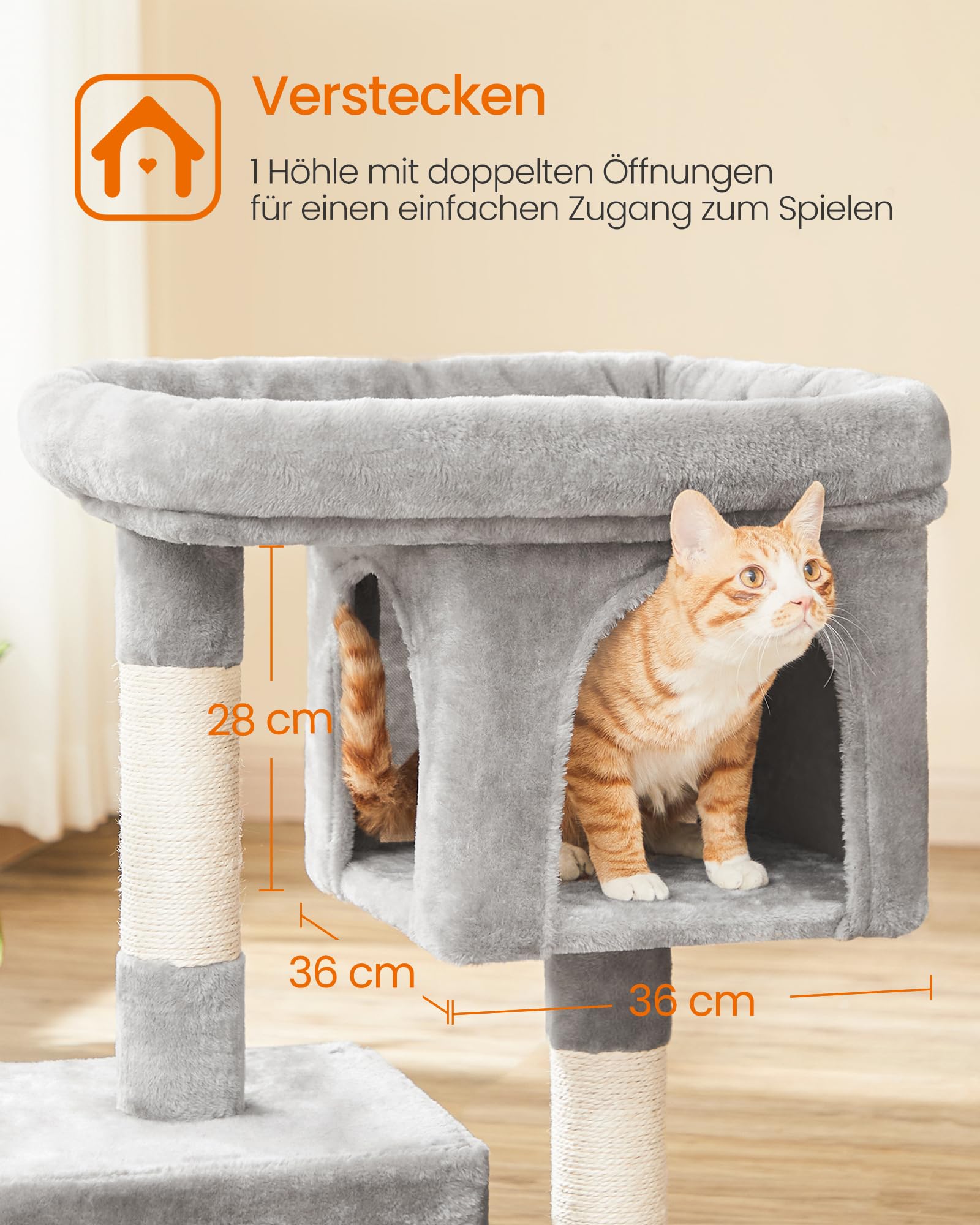 Feandrea Kratzbaum, 84 cm Katzenbaum, L, Katzenhaus für große Katzen bis zu 7 kg, große Plattform, 2 Katzenhöhlen, Sisalstämme, hellgrau PCT61W