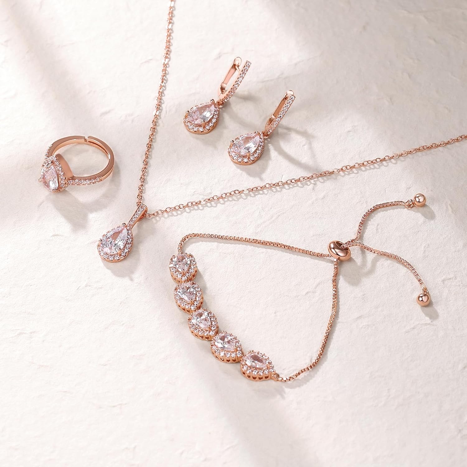 Crysdue Wedding Bridal Teardrop CZ Pendant Necklace Open Ring Dangle Earrings Adjustable Slider Bracelet Jewelry Set, Birthday Mothers Day Christmas Jewellery Gift for Women/Mom/Wife