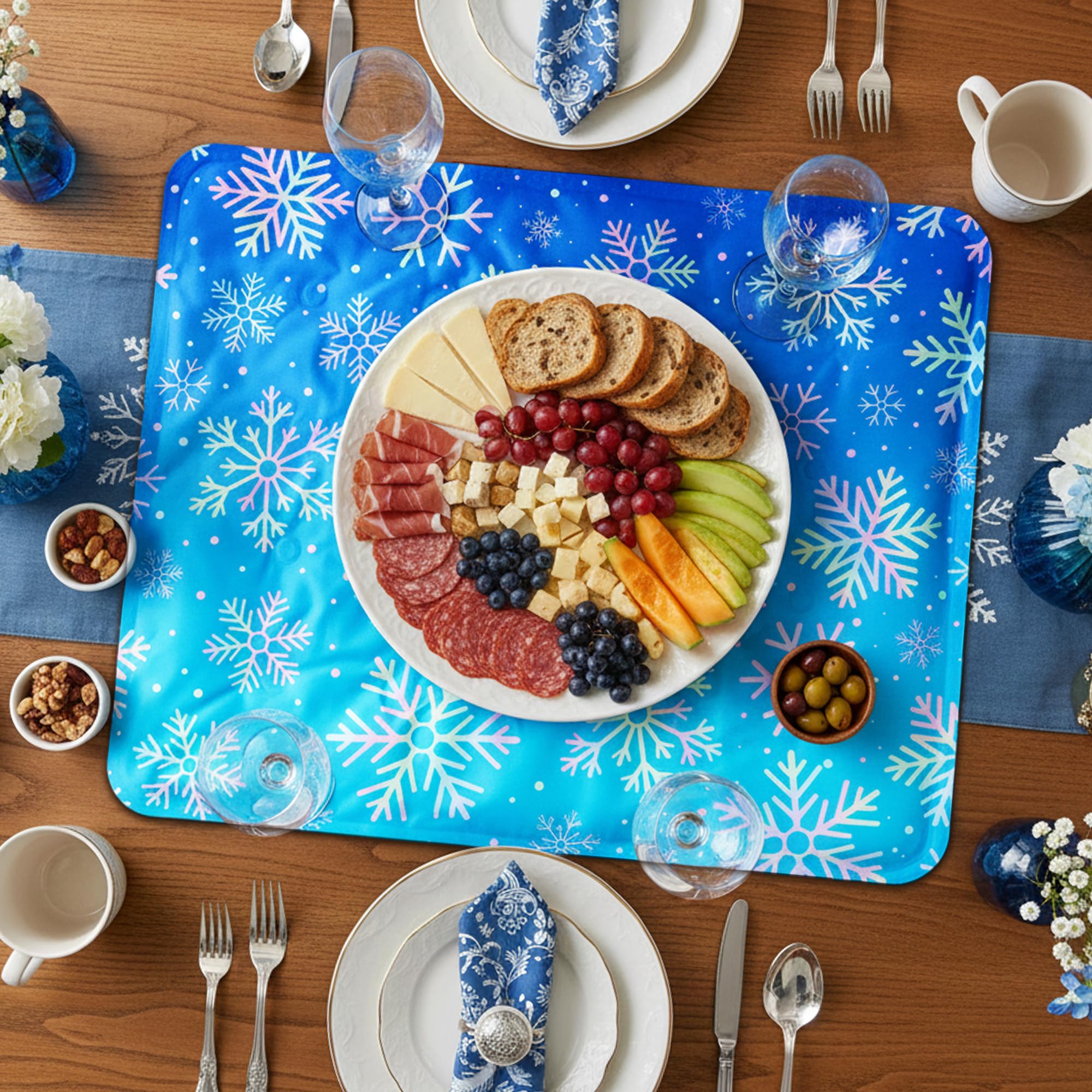MALLMALL6 Alfombrilla de hielo congelable reutilizable – 2 bandejas de refrigeración para servir alimentos frescos para picnic al aire libre, fiesta, bufé, 19.7 x 15.7 pulgadas, coloridos copos de