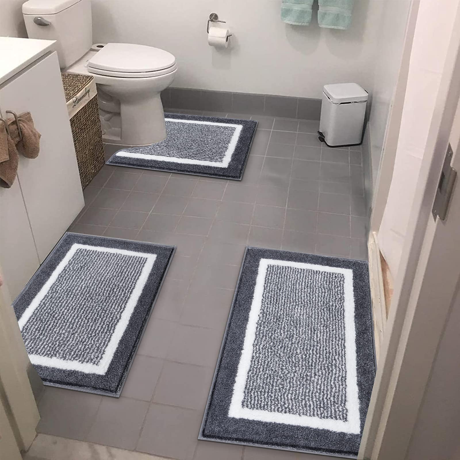 HEBE Microfiber Bathroom Rugs Sets 3 Piece Non Slip Bathroom Shower Rugs with U-Shaped Contour Toilet Mat Absorbent Bath Mats Rugs Machine Washable Bathroom Floor Mat Carpet