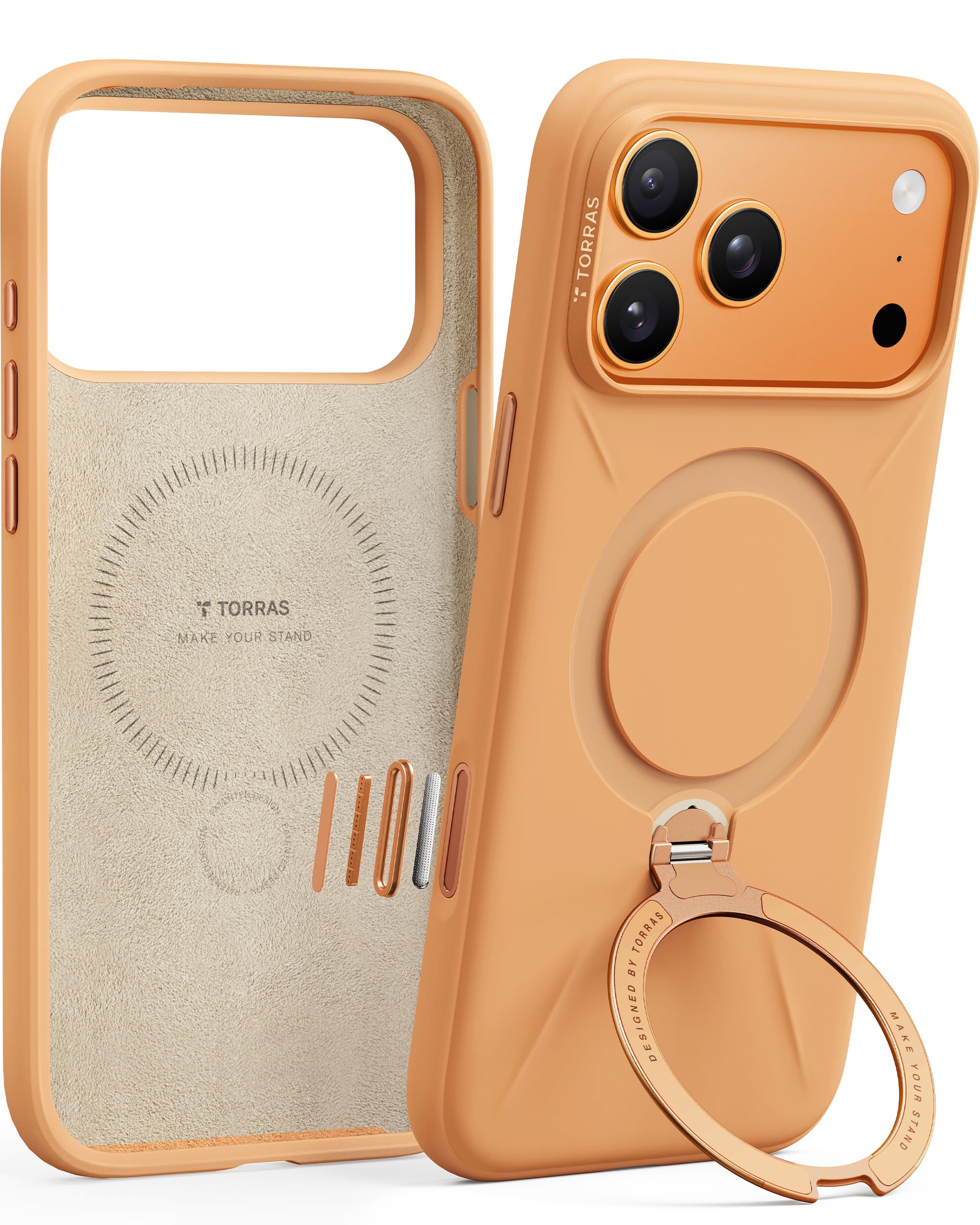 Photo 1 of TORRAS Ostand Q3 Silicone for iPhone 17 Pro Max Case, Fit for MagSafe, 360 Spin Ring Stand, Liquid Silicone Cozy Vibrant Grip, Camera Control, Protective Case for iPhone 17 Pro Max, Pastel Orange