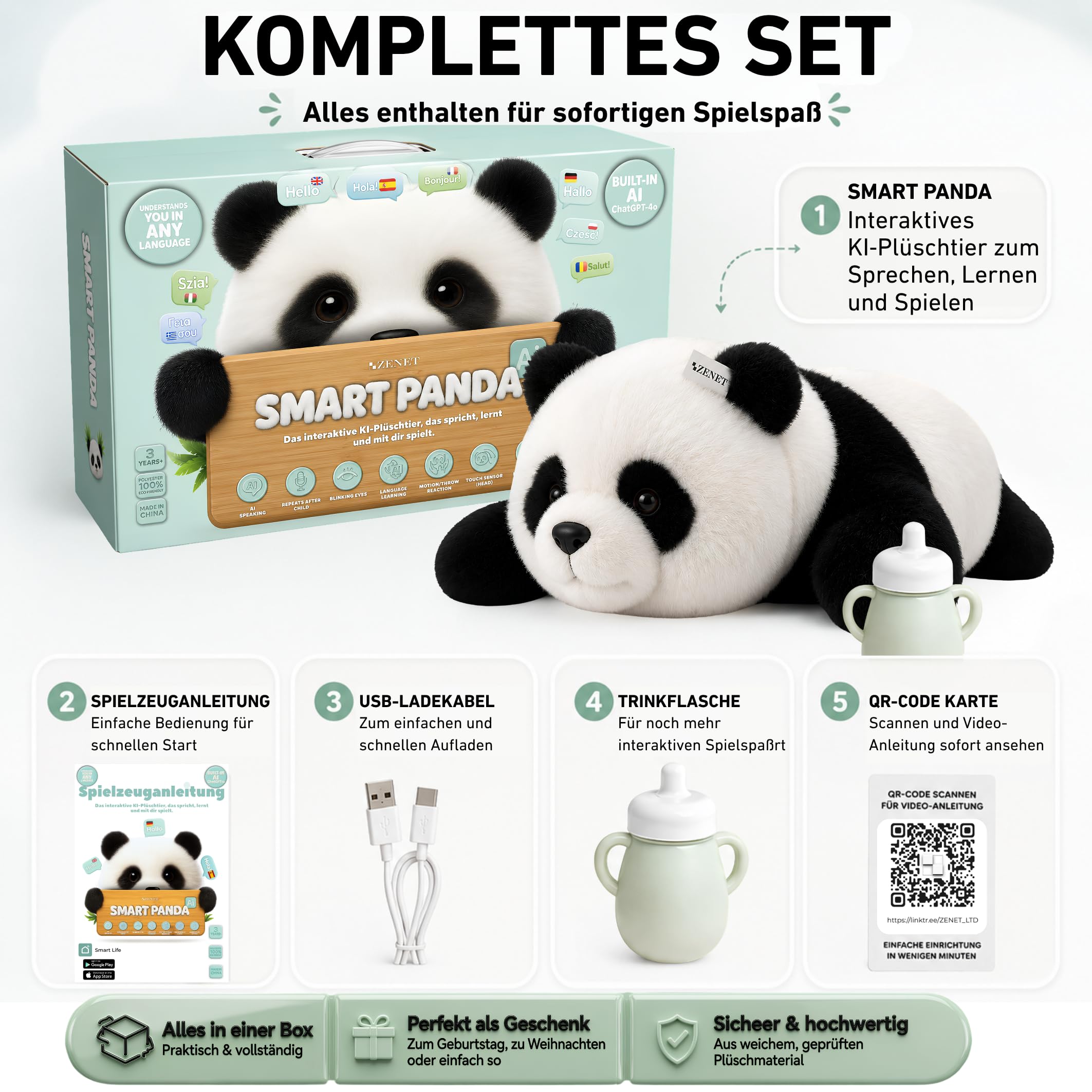 ZENET Interaktives Kuscheltier Smart Panda AI für Kinder ab 3 Jahre, 48cm | Sprechendes Spielzeug, Lernspielzeug, KI-gesteuertes Nachsprechendes Plüschtier mit Mobile App, Sprachlernen, 5 Spielmodi
