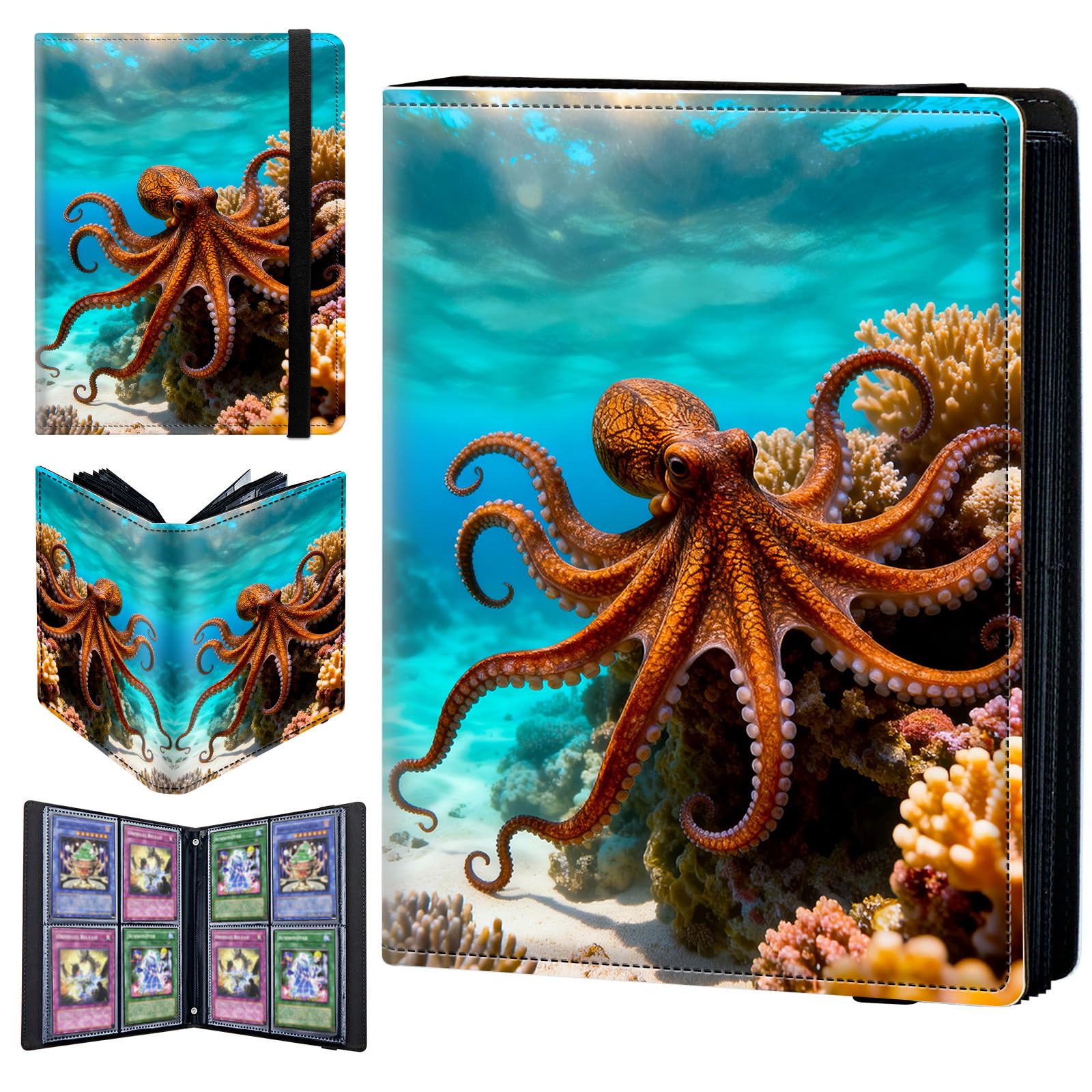 4 Pocket Trading Card Binder 400 Side Loading Pocket Album with Sea Octopus Pattern Design Card Binder for Sports Cards & Game Cards