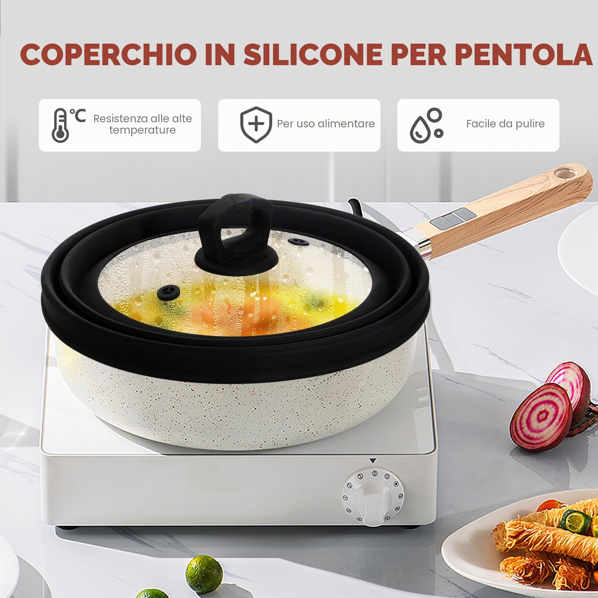 Copertura per forno a microonde, in vetro temperato, per alimenti, 30 cm, in silicone, pieghevole, per cucina (nero)