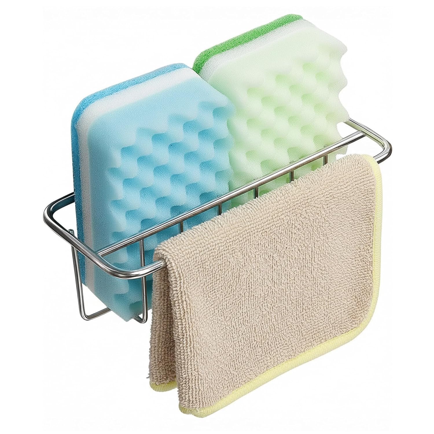 KESOL Adhesive Kitchen Sink Sponge Holder Dish Cloth Hanger Soap Holder 2-in-1 Kitchen Sink Caddy 304 Stainless Steel
