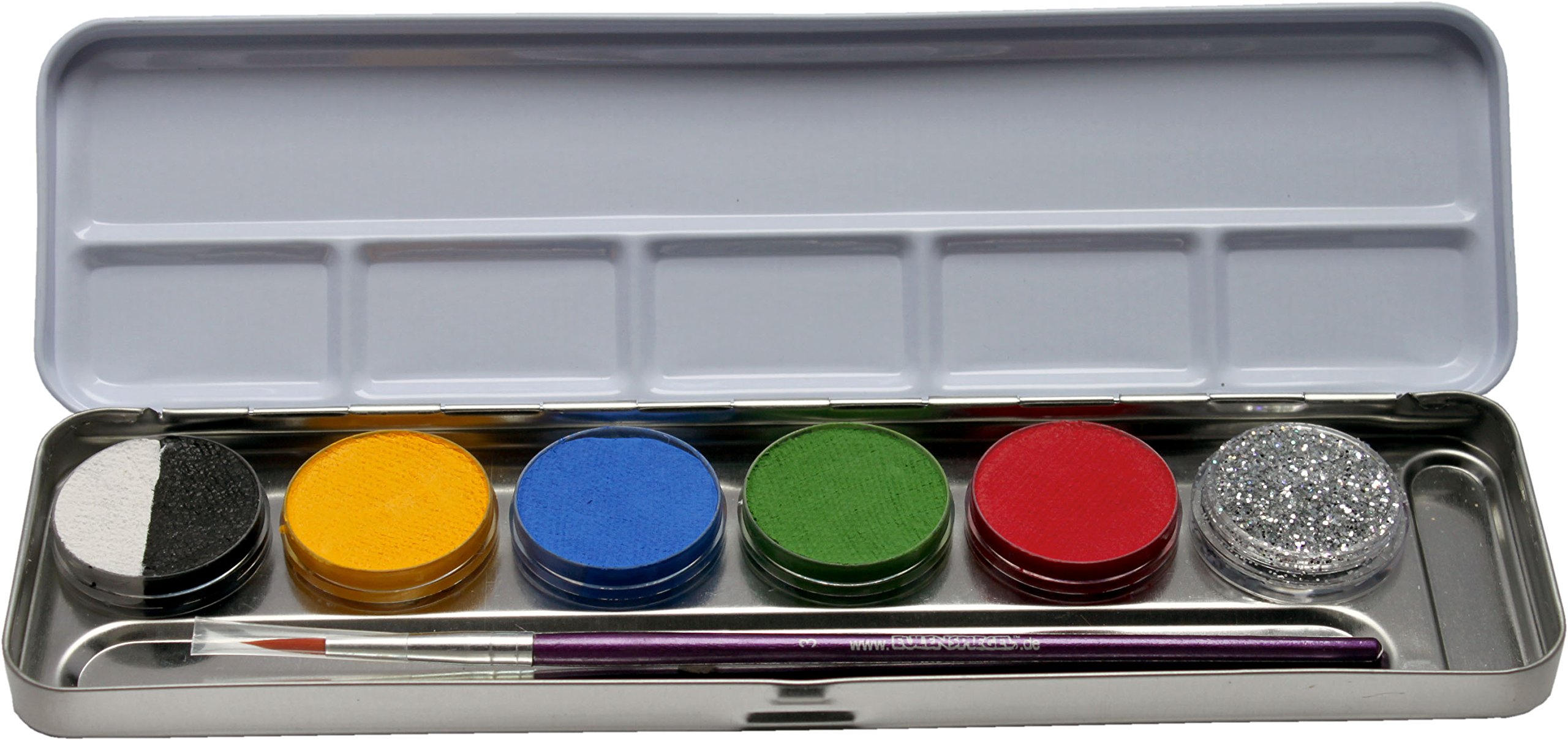 Eulenspiegel 206201 Cosmetic Make Up Palette Metal Split Cake Glitter, Paint Brush and 6 Colours