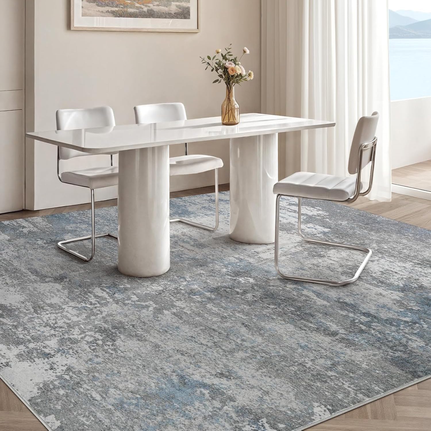 Tapis moderne abstrait gris bleu blanc 150x150 cm lavable salon