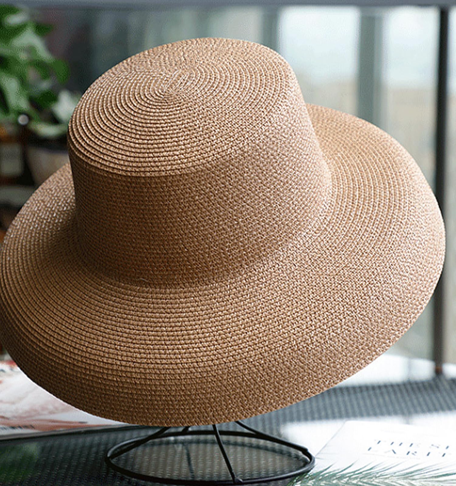 Ulalaza Sombrero de paja trenzado de ala ancha para mujer, protección solar UPF 50+, para verano, playa, sombrero de paja