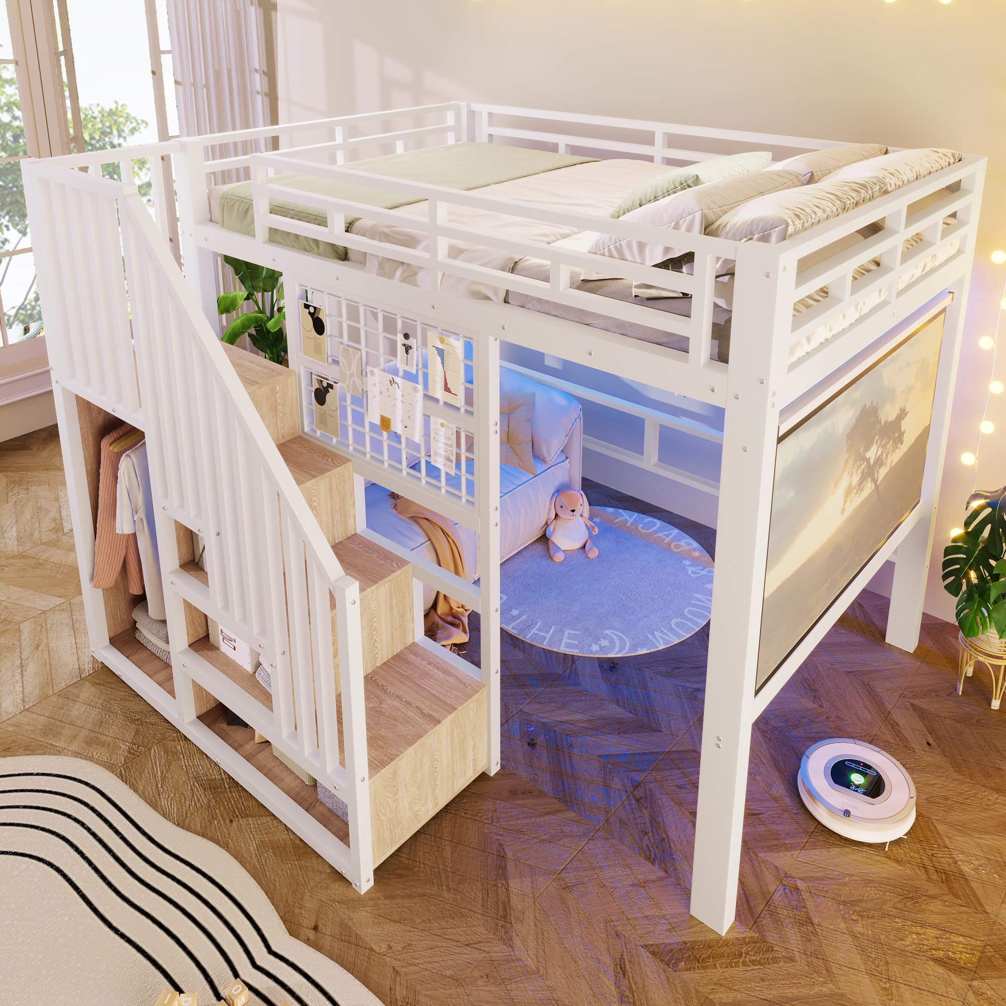 Merax Hochbett 140x200 cm mit Treppe und Stauraum, Metallbett Jugendbett mit LED-Beleuchtung, Gitterwand & Leinwand-Halterung, Platzsparendes Bettgestell (ohne Matratze & Leinwand), Weiß