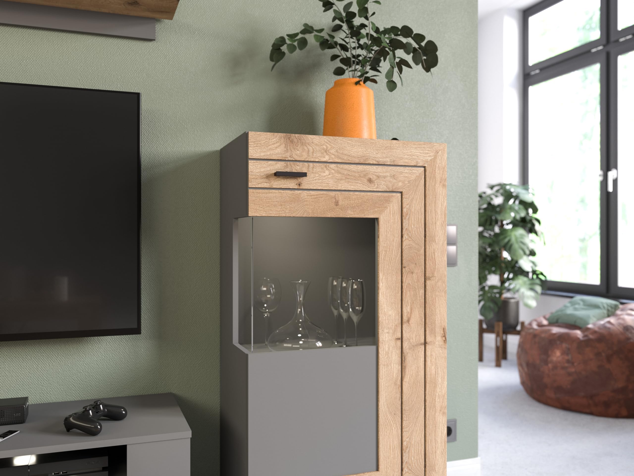 xonox.home - 4tlg. Kombination Freno 40x290x194 cm in grau Nb Absetzung Nox Oak Nb - Wohnkombination Wohnwand Wohnzimmermöbel Wohnzimmerschrank - modern und funktional