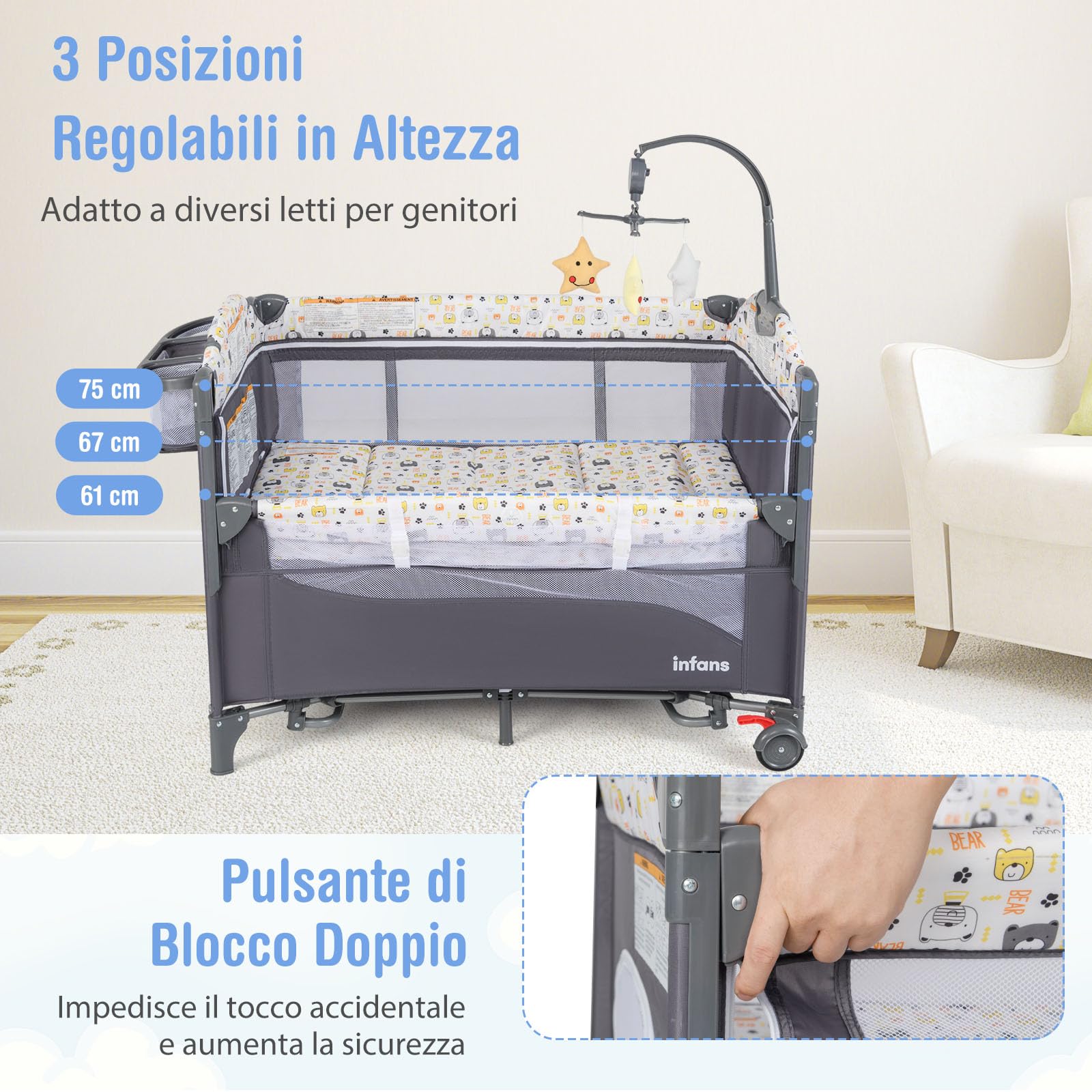 GYMAX Lettino Culla Fianco Letto, con Fasciatoio, Morbido Cuscino, Giocattoli Appesi e Spazio di Stoccaggio, Regolabile in Altezza, Box per Neonato, 2 Ruote e Borsa per Viaggio (Grigio e Giallo)