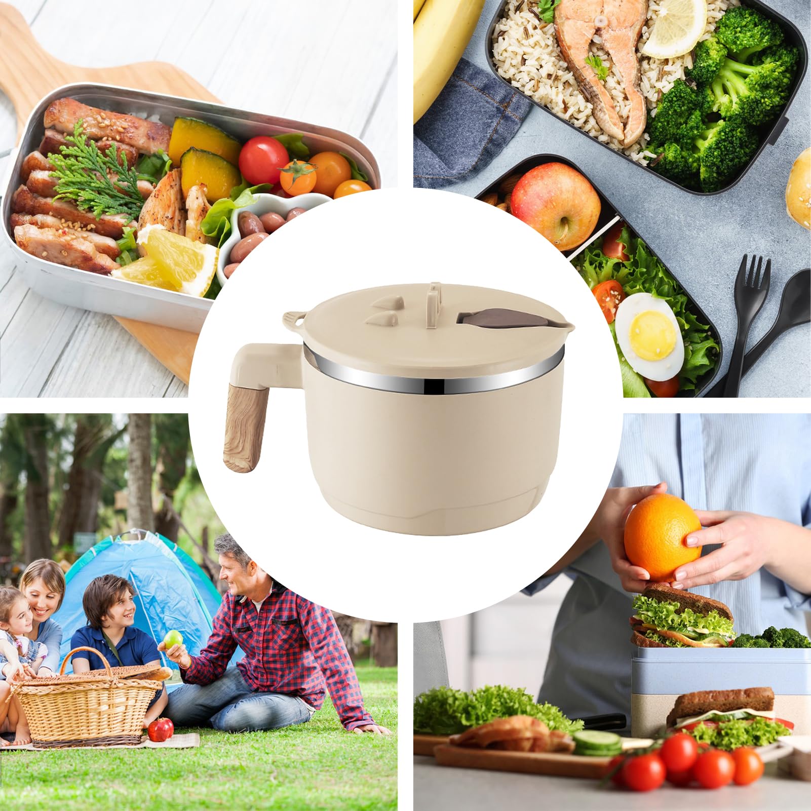 Jauhmui Ramenschüssel Instant Stahl Ramen Bowl 1000 ml Nudelschale mit deckel(Beige)