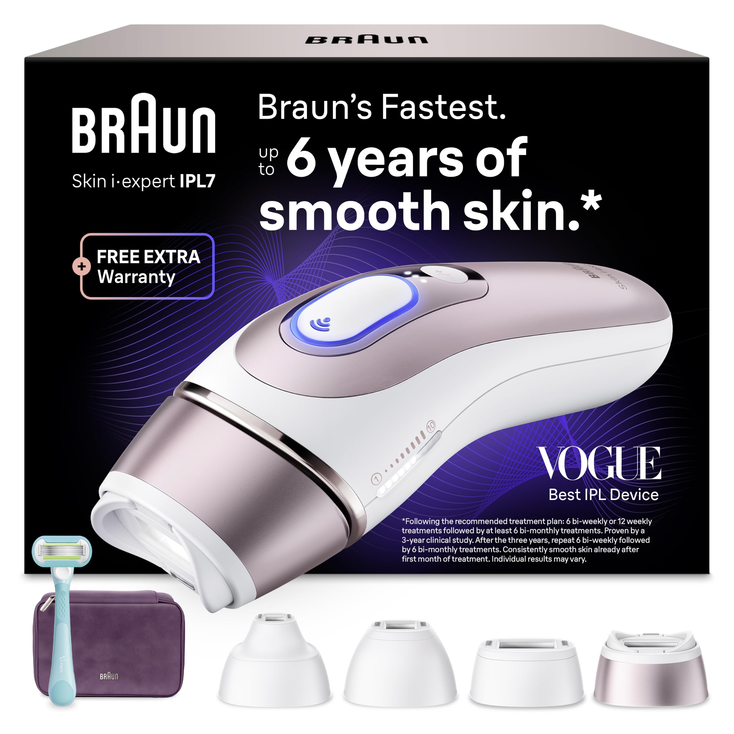 Braun Smart IPL Geräte Haarentfernung Skin i·expert 7, PL7431, White/Bronze | Alternative Laser Haarentfernung für Zuhause, Dauerhafte Haarentfernung, Inkl. Etui, Gillette Venus Rasierer Und 4 Aufsätze