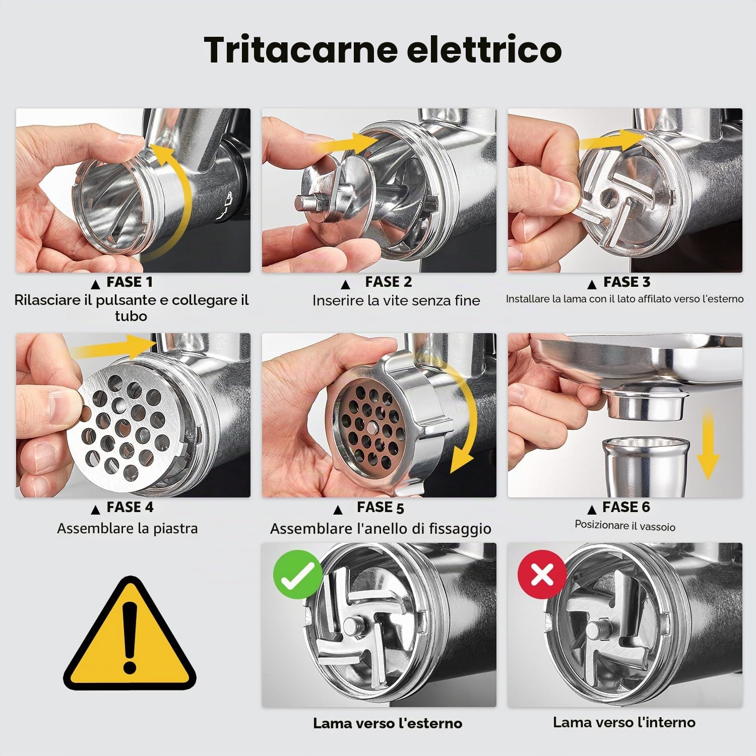 Yabano Tritacarne Elettrico 3 in 1, Macchina per Carne in Acciaio Inox con Accessorio per Salsicce, 3 Piastre di Macinatura, Accessorio per Kubbe e Tubo per Insaccare, per Casa e Cucina