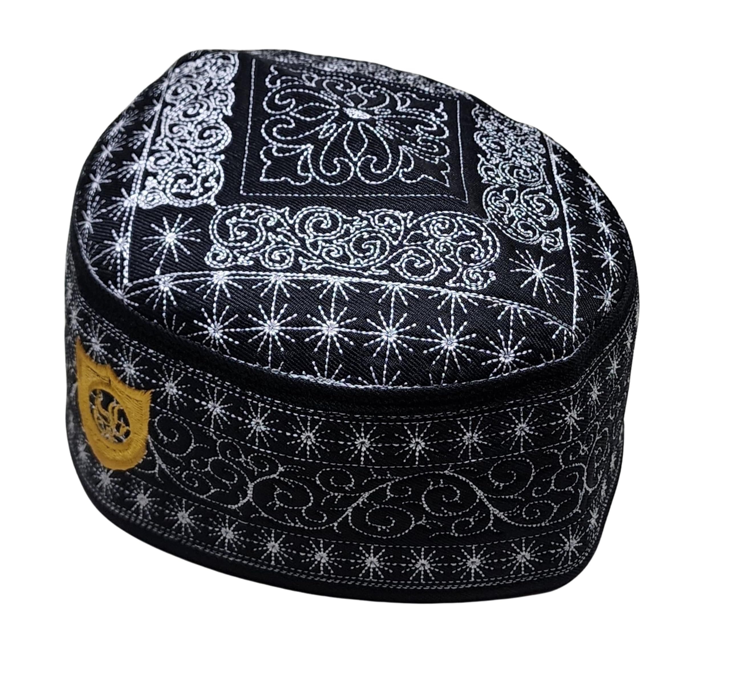 Muslim Kufi Prayer Hat for Men AMN-462 Islam Skull Cap Unique Design Beanie Embroidered Round Topi Headwear Ramadan Eid Gift, Bk_white, L