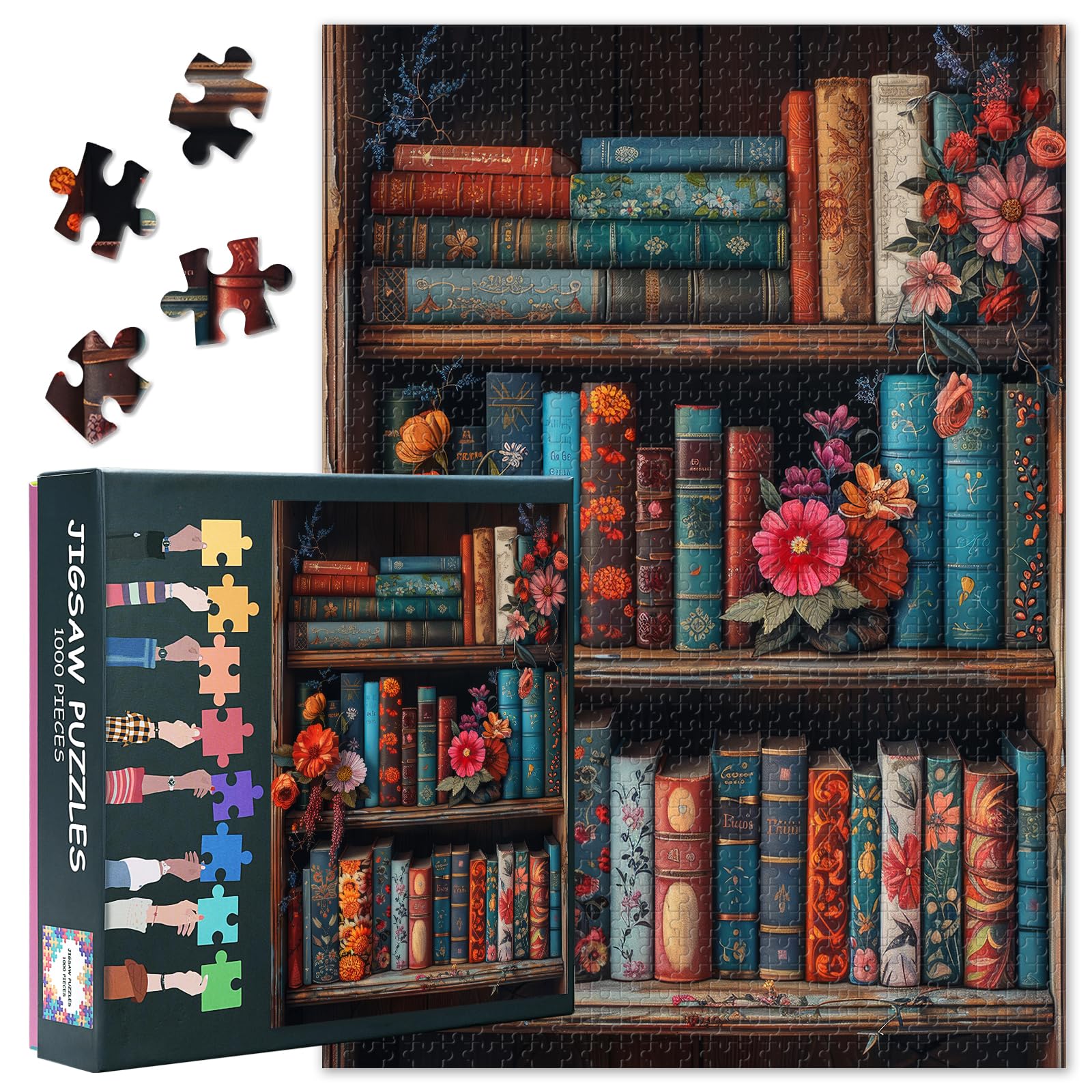 Puzzles for Adults Bookshelf, Jigsaw Puzzles for Adults 1000 - Vintage Books Art, Blooming Flowers Challenging Puzzle 27.5x19.7 Inch, Educational Games for Family, Birthday Party Gift Idea