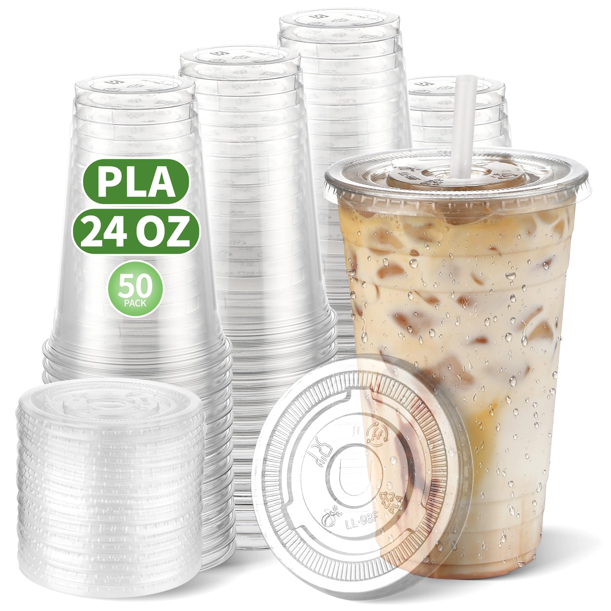 Bicchieri di plastica trasparente compostabili usa e getta da 680,4 g, con coperchi piatti, biodegradabili, per feste, frullati, tè Boba, Slushy, limonata, set da 50
