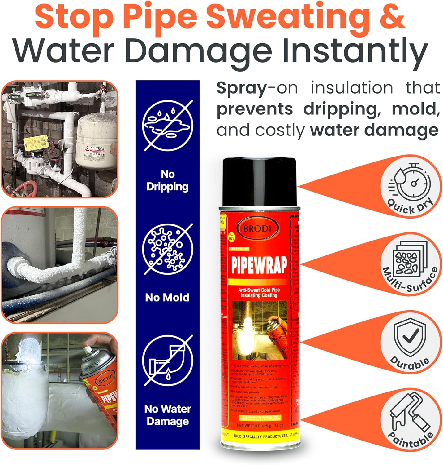 PipeWrap Pipe Insulation Spray Foam for Hard-to-Reach Areas, Fittings & Valves, Anti-Sweat Pipe Coating Spray, Stops Condensation Buildup & Prevents Dripping (Pack of 1)