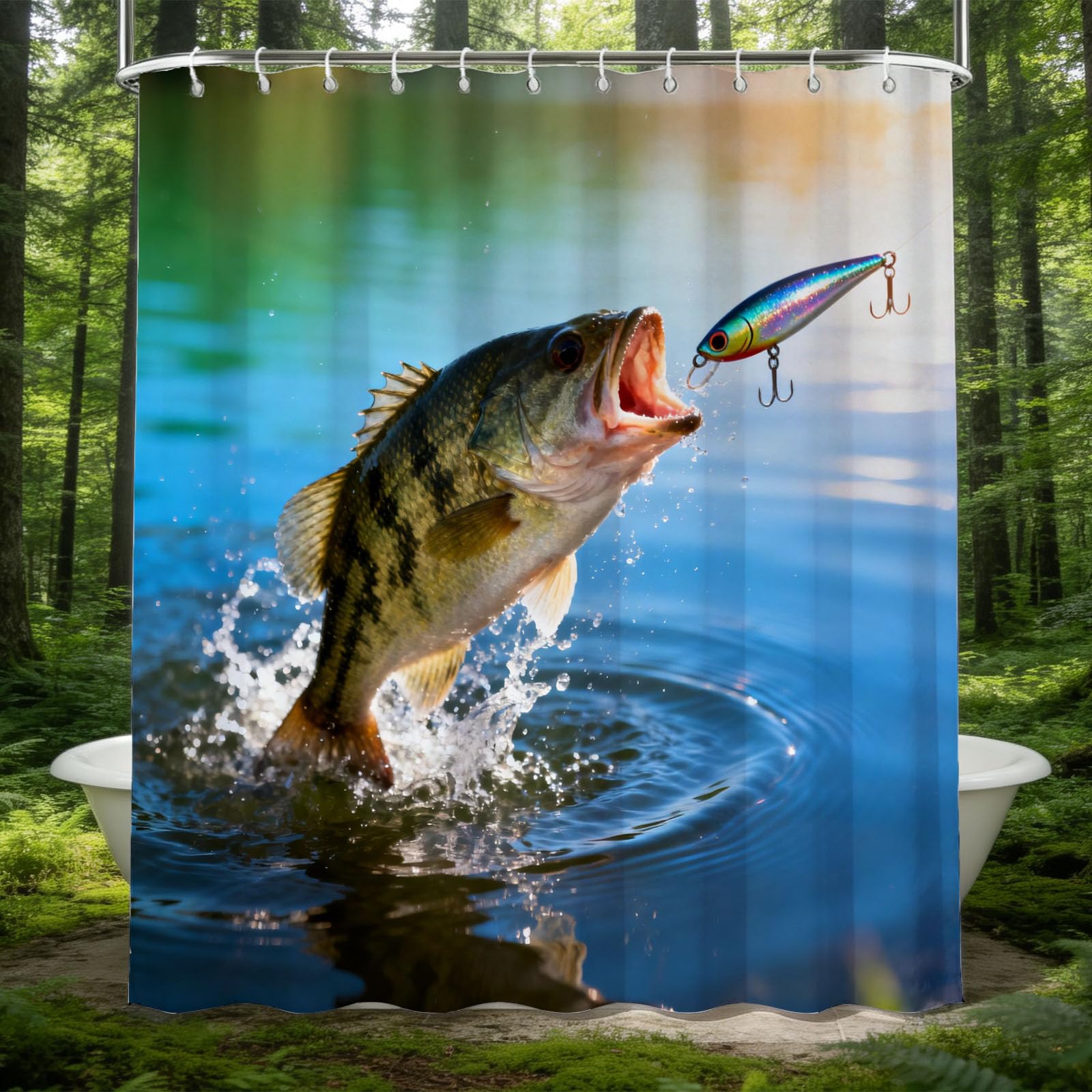 Hongduo 3D Fishing Shower Curtain for Stalls Bathtubs Natural Theme Bathroom Decor Shower Curtain Set Polyester Fabric Waterproof 180x200cm/71X79 Inch with Hooks