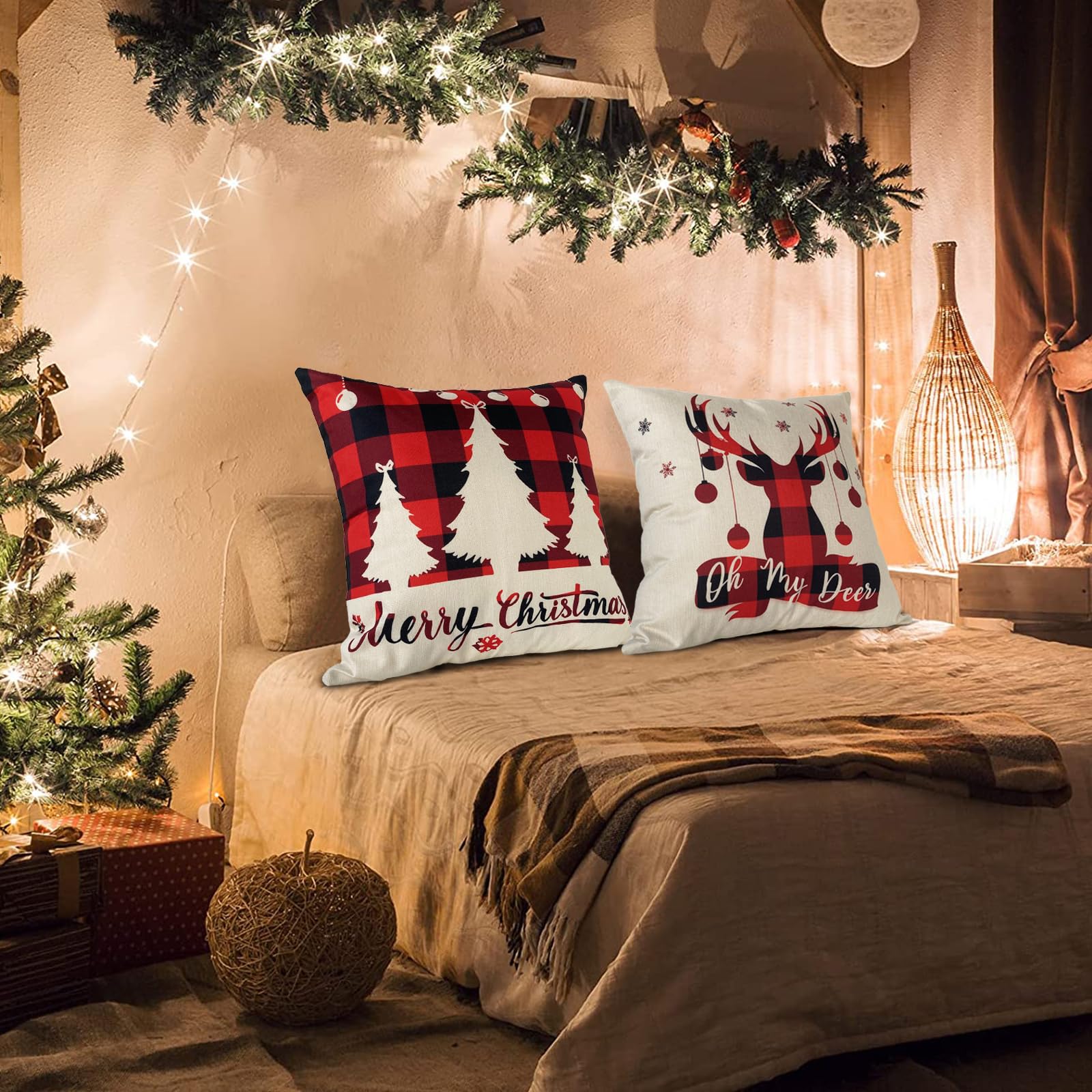 4 Housses Coussin Noel 45x45cm Deco Canapé Taie D'oreiller En Lin Et