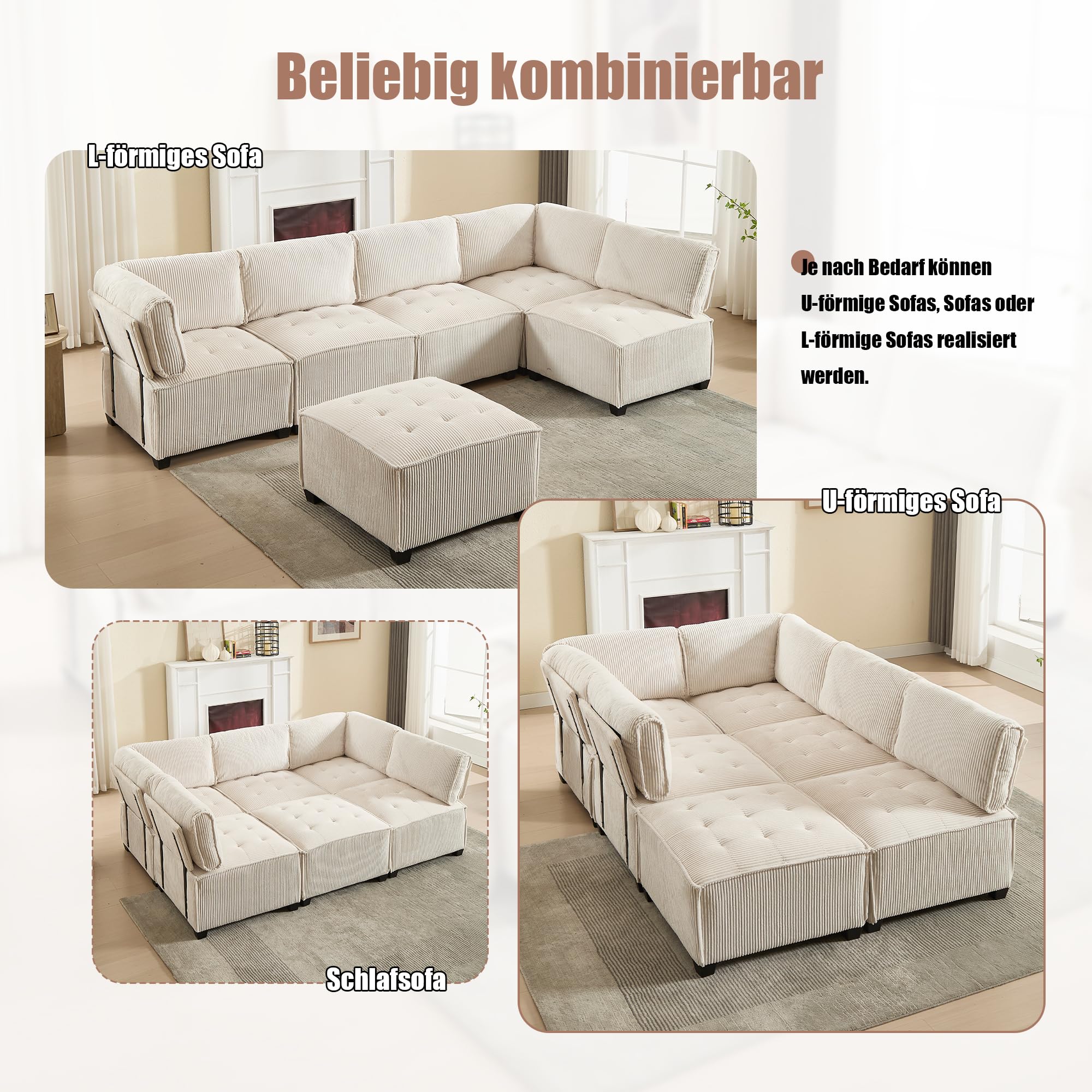 Sofá modular de 6 plazas con funda de pana, respaldo ergonómico y reposabrazos, multifuncional, combinable como forma de U, forma de L o sofá cama, con bolsillos laterales, rebote rápido (beige)