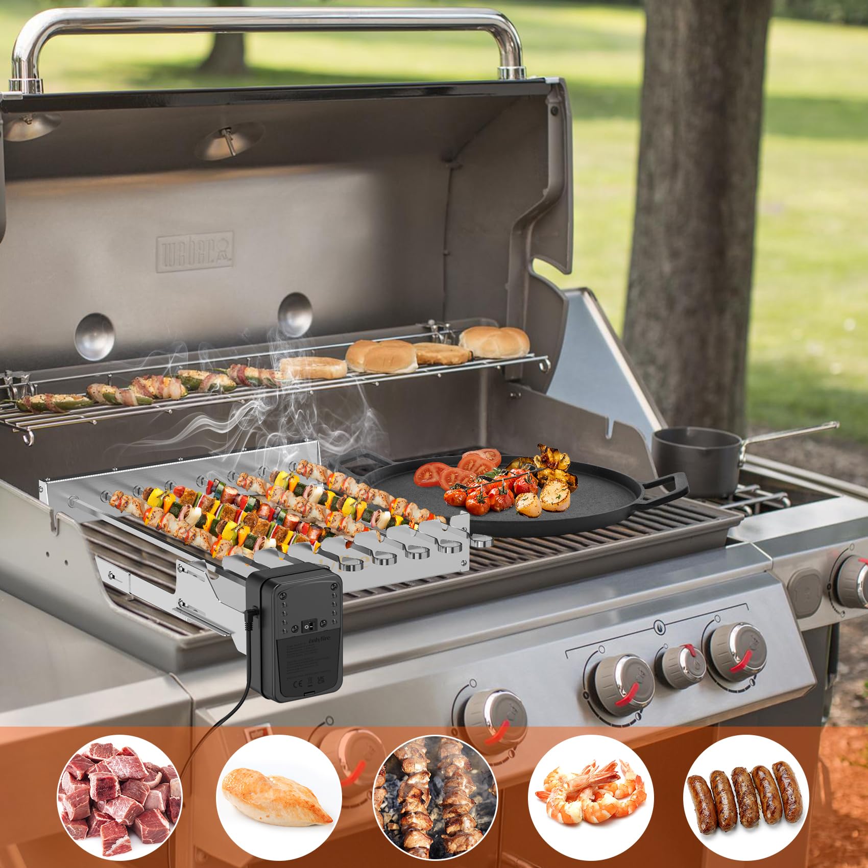 Onlyfire Elektrischer Spiessdreher, Edelstahl Drehspieß Aufsatz mit 7 Spießen und Motor, Größenverstellbar 43,3 x 40,3-46,3 cm, mit Netzstecker, Drehspieß Rotisserie, Silber