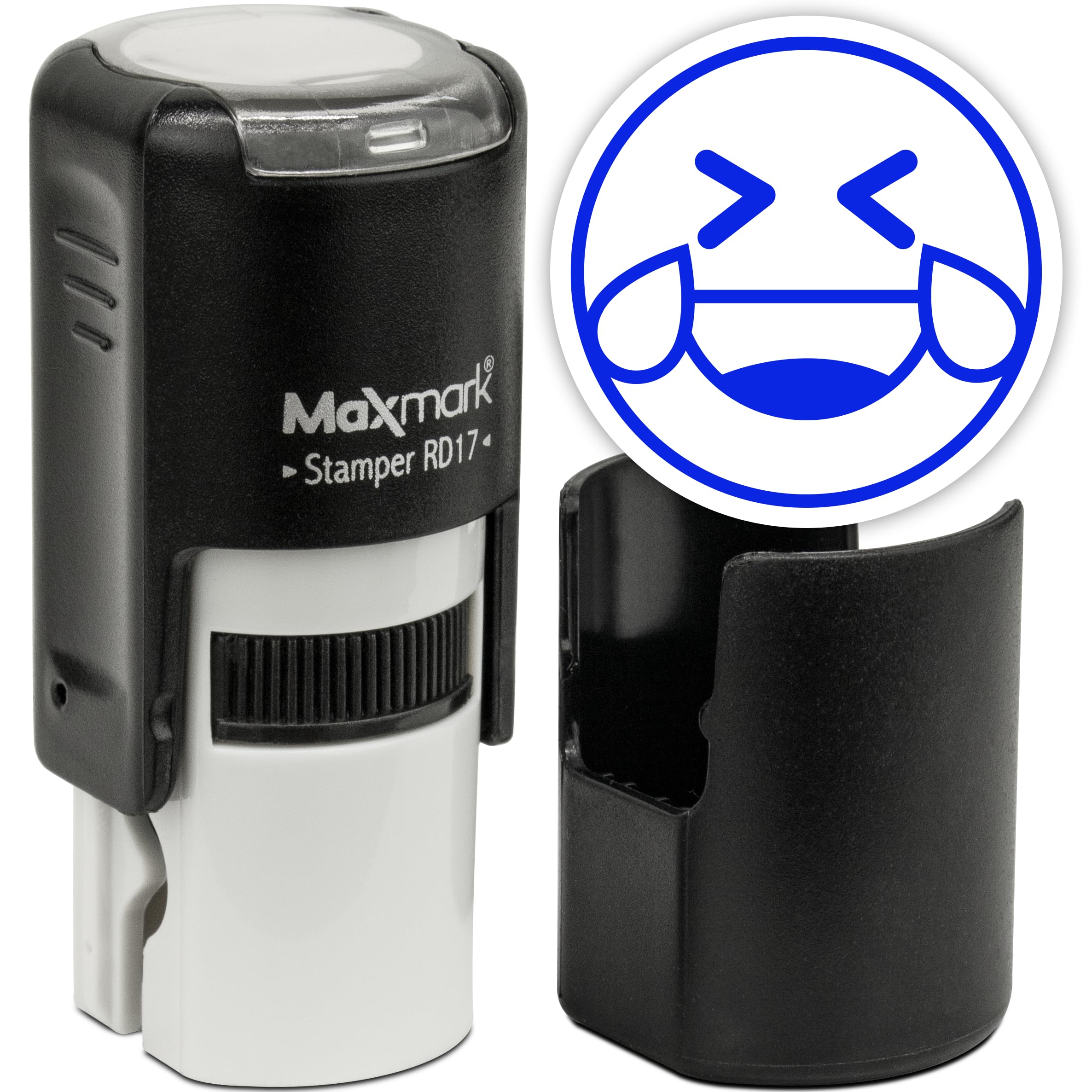 MaxMark Round Self Inking Emoji Stamp - Laughing - Blue Ink