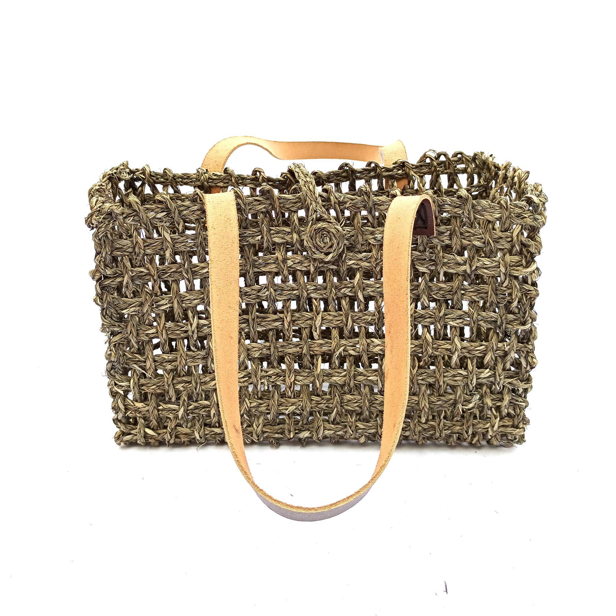 KADAM HAAT Women Handmade Sabai Grass Bag For Lunch And Travel | Tiffin Box Bag For School Or Office And Picnic With Leather Handle (Black)