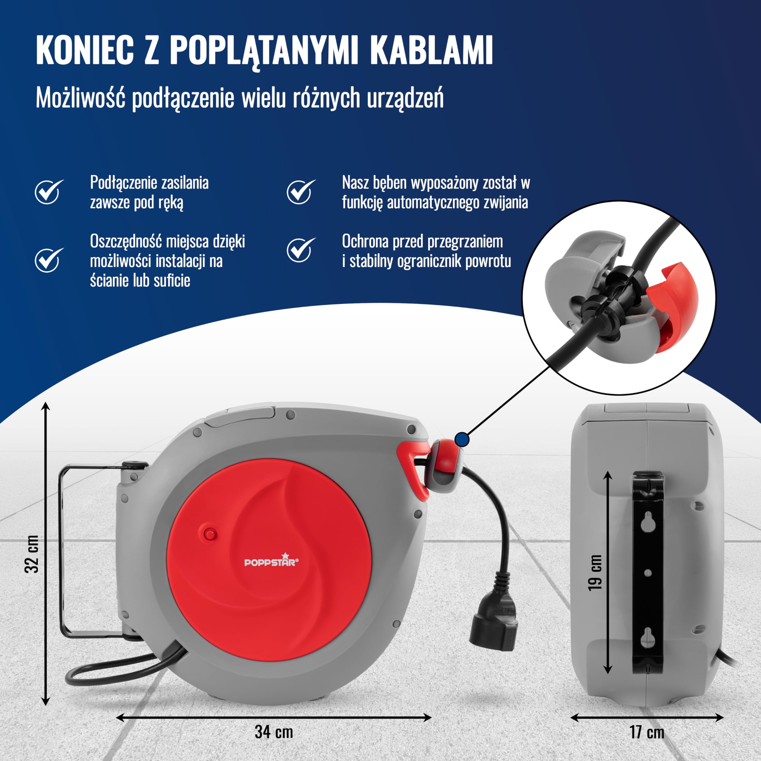 Poppstar kabel zwijany automatycznie na bębnie, dł.kabla: 20 m + 2 m (maks. 2500 W) automatyczny zwijacz kabla IP20, do montażu na ścianie i suficie