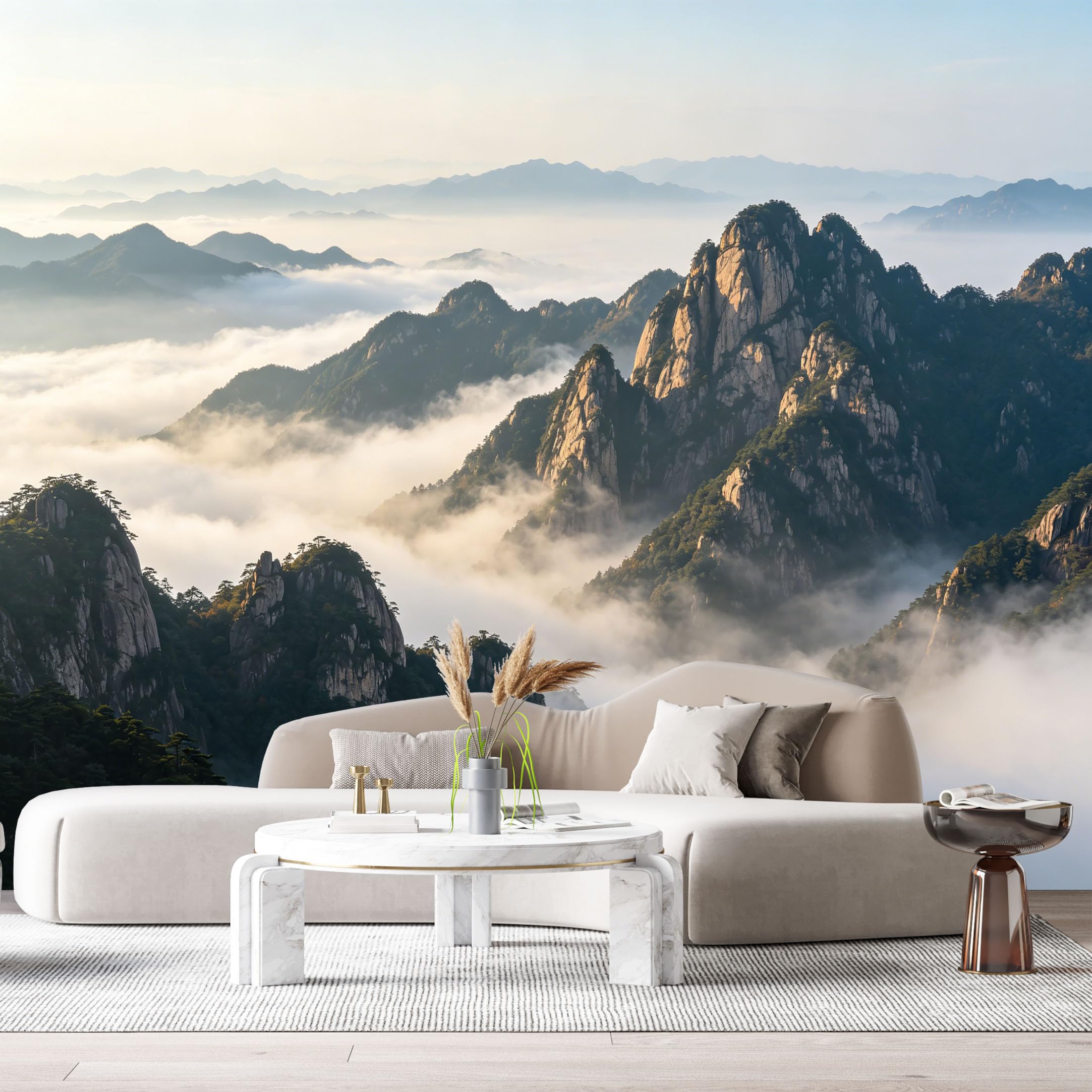 Custom Size Wall Murals Misty Mountain Landscape Sunrise Peaks Forest Clouds SelfAdhesive Wall Fabric Removable Large Wallpaper for Photo Living Room