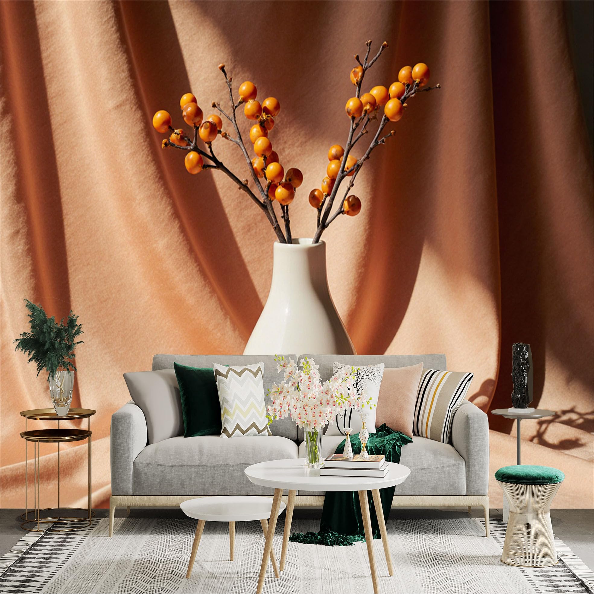 Custom Size Wall Sticker Mural， Minimalist White Vase with Dried Orange Berry Branches， Soft Neutral Fabric Backdrop， Elegant Interior Art， for wall Decoration， peelandstick wall Decals.