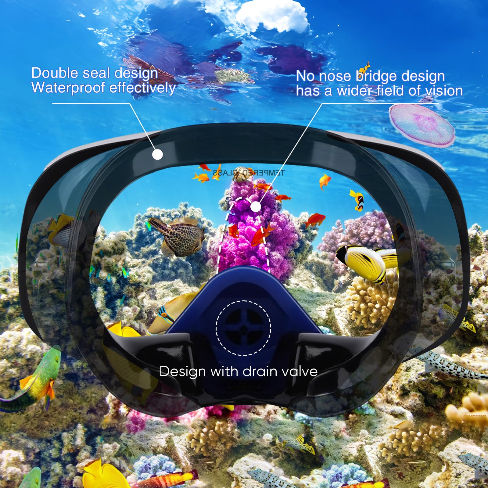 Máscara de buceo con válvula de drenaje amplia vista adecuada para adultos, buceo, buceo libre y máscara de gafas de esnórquel