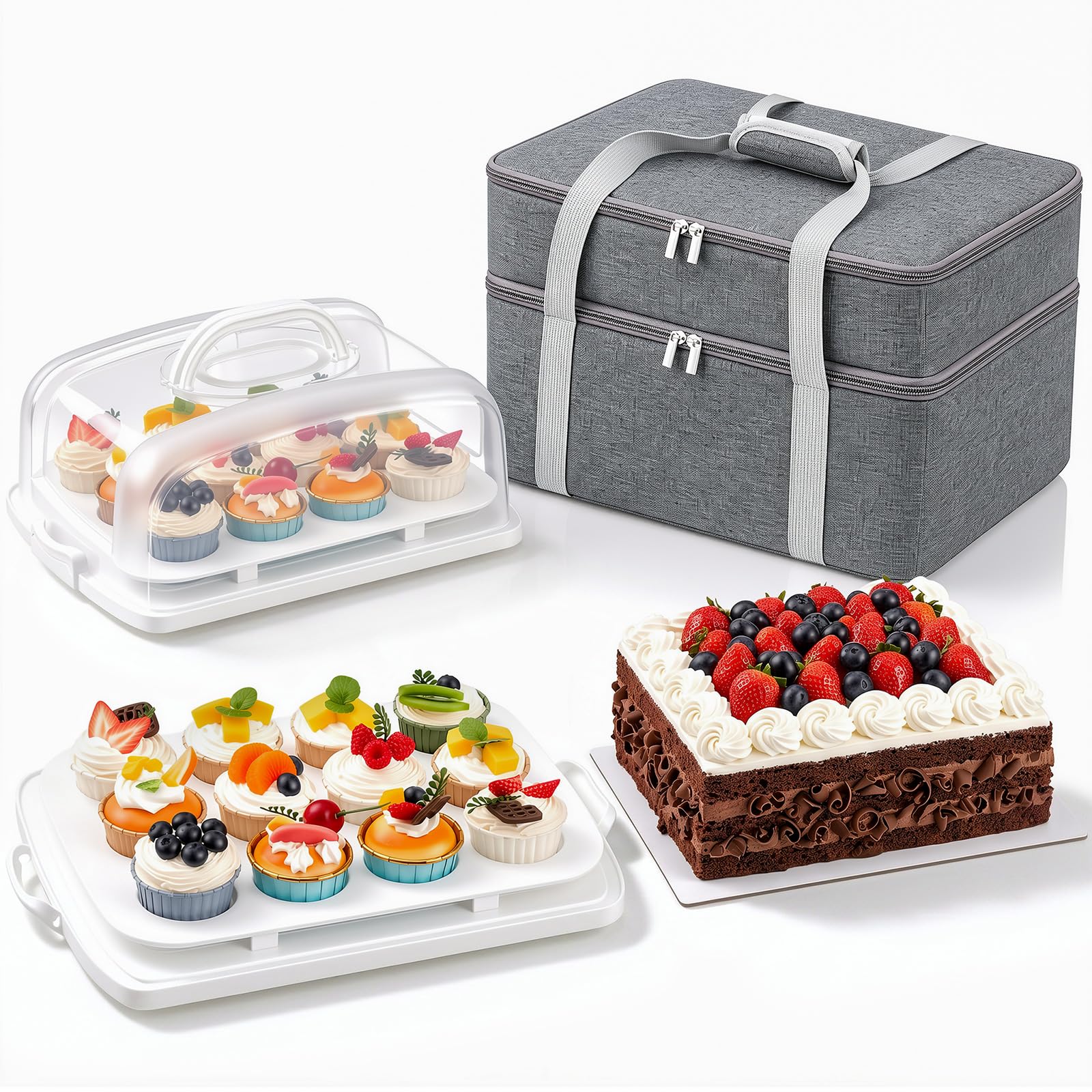 2 in 1 Cupcake Holder with Lid Rectangle Cake Carrier with Insulated Bag