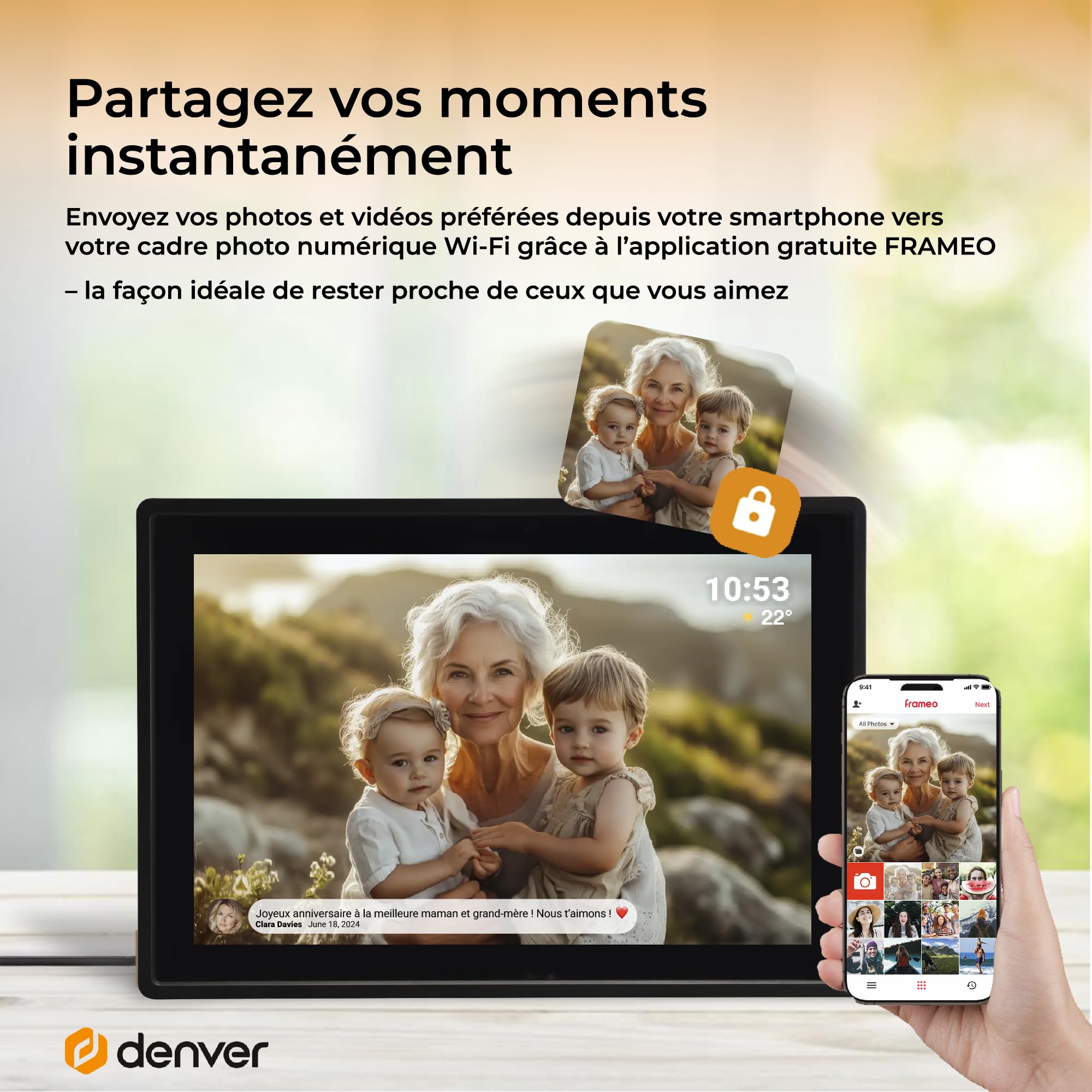 Denver PFF-1021B Cadre Photo numérique Wi-FI FRAMEO 10,1 Pouces, écran Tactile IPS 1280 x 800, mémoire 16 Go, Application iOS/Android, Noir