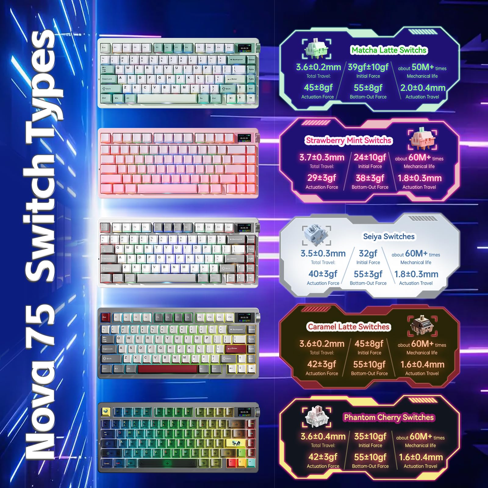 X Aula Nova75 - Tastiera meccanica da gioco, 75% tastiera wireless compatta con schermo e manopola, per interruttori pre-lubrificati, tastiere per computer da 8000 mAh, retroilluminazione RGB, hot