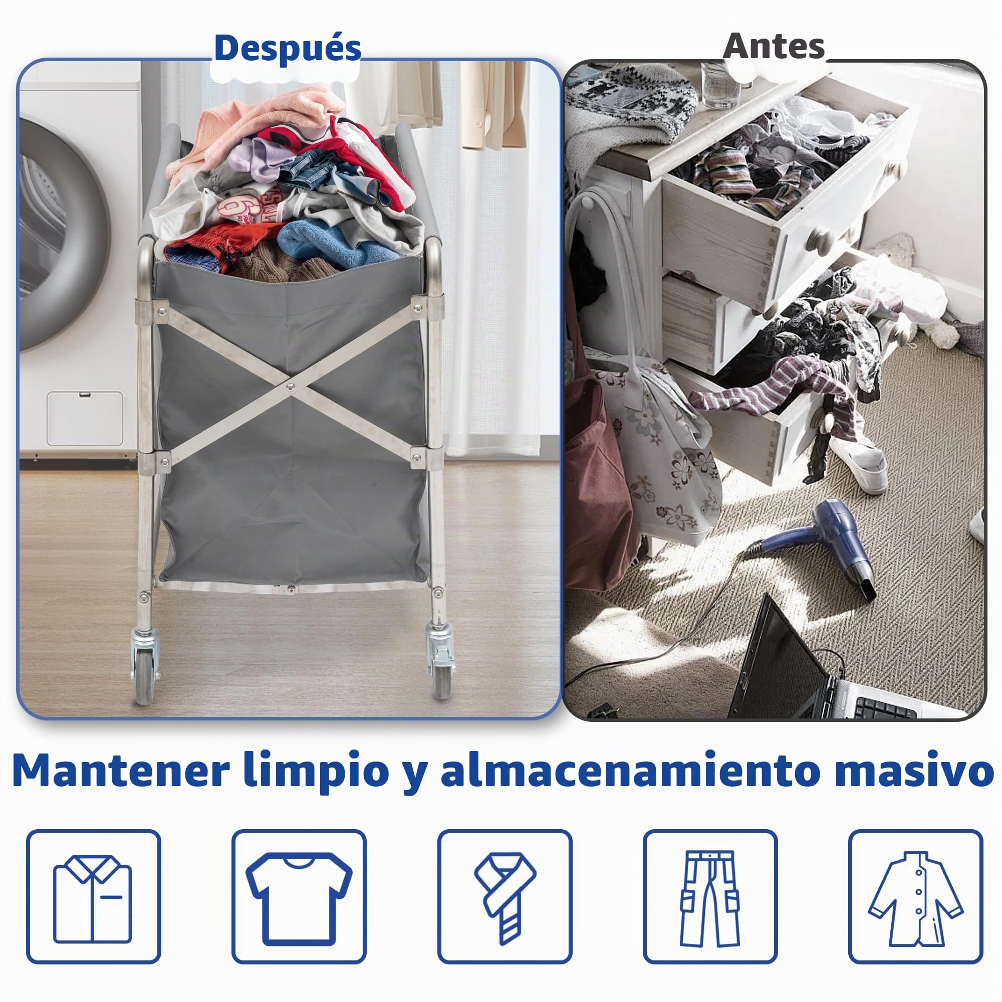 bimiti Carrito de lavandería de acero inoxidable con ruedas, plegable, con capacidad de carga de 100 kg, para casa, hotel, lavandería, 87 x 52 x 78 cm