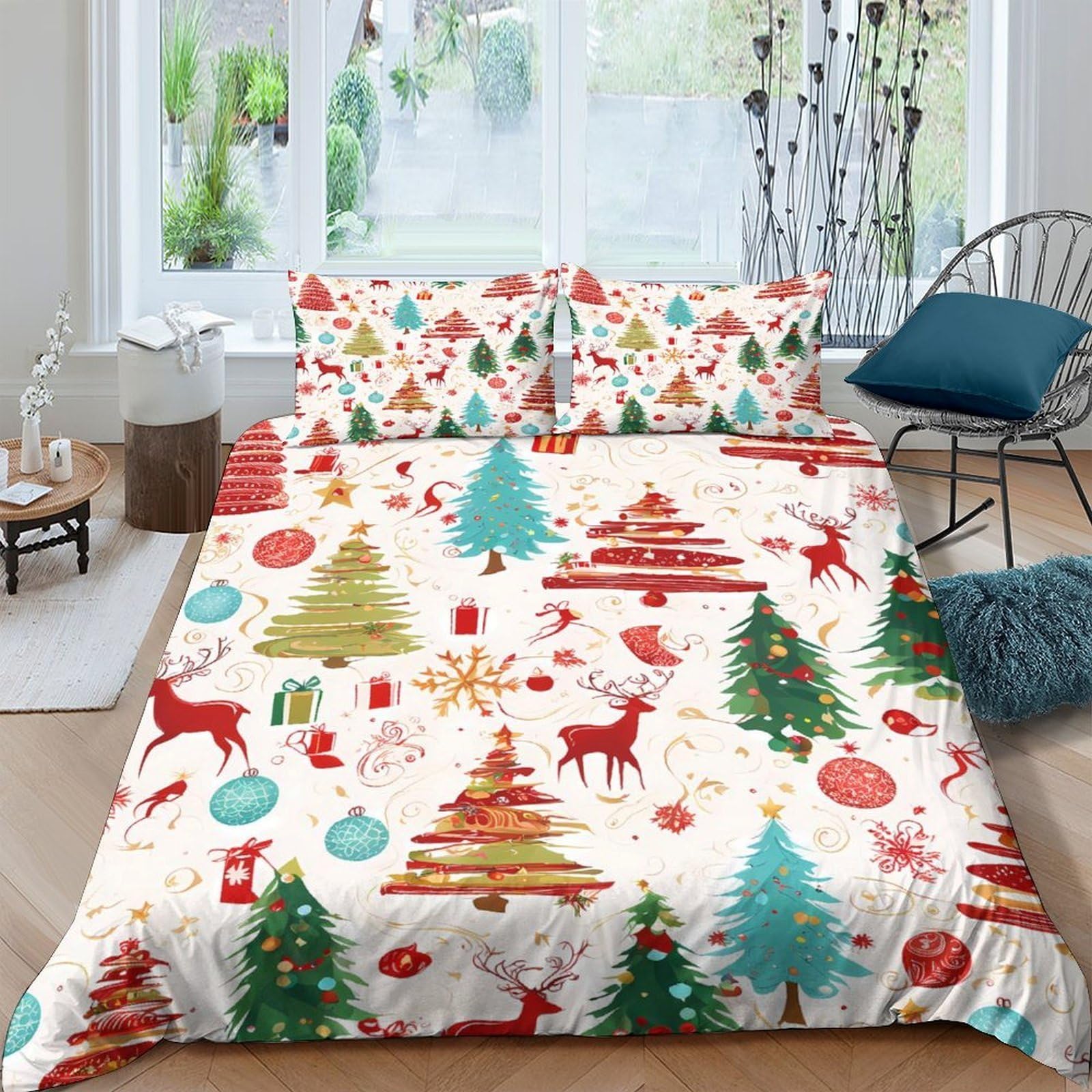 Ctjqhvkz Style-7 3D Printed Christmas Tree Fitted Sheet Microfiber Soft Festive Reindeer Bed Cover For Bedroom Guest Room Dorm Mattress Protection Single（135X200cm）