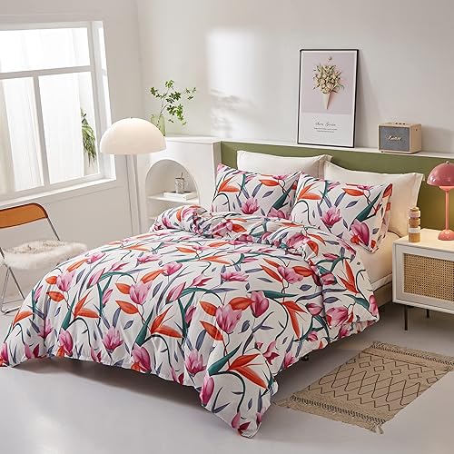 LAMEJOR White Duvet Cover Set Queen Size Orange Floral Pattern 3-Piece Soft Bedding Set Comforter Cover