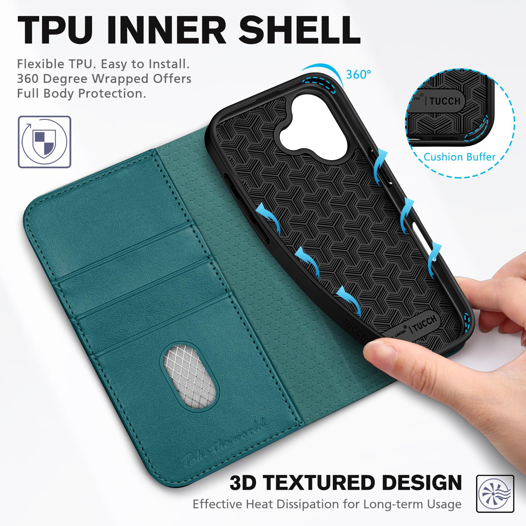 TUCCH Custodia per iPhone 17 6,3-pollici 5G 2025 [RFID Blocking] | Flip Caso Libro Cover Portafoglio Pelle Sintetica TPU Antiurto Funzione Supporto 3 Slot per Schede Protezione Completa, Turchese