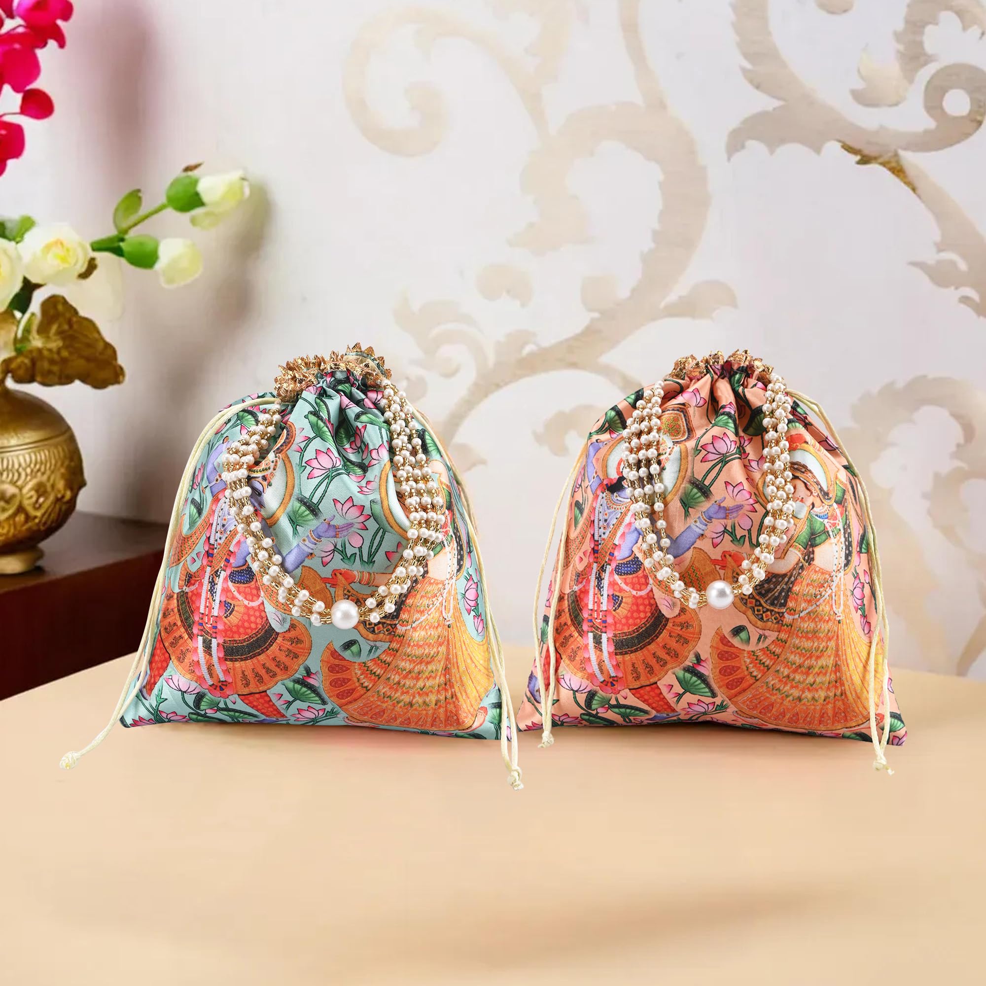 Kuber Industries 2 Pcs Potli Bag For Women & Girls With Pearl Handles | 8x9 Inch Gifting Handbag/Purse - Ideal For Party, Wedding & Events | Radha Krishna Print - Peach & Green